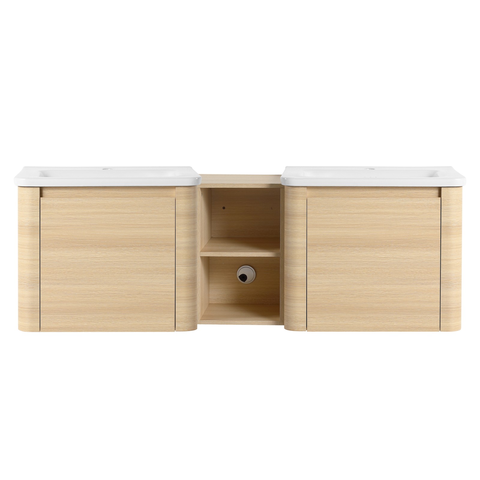 60in Plywood Wall-Mounted Bathroom Vanity W/ 2x White Ceramic Sink and Shelves