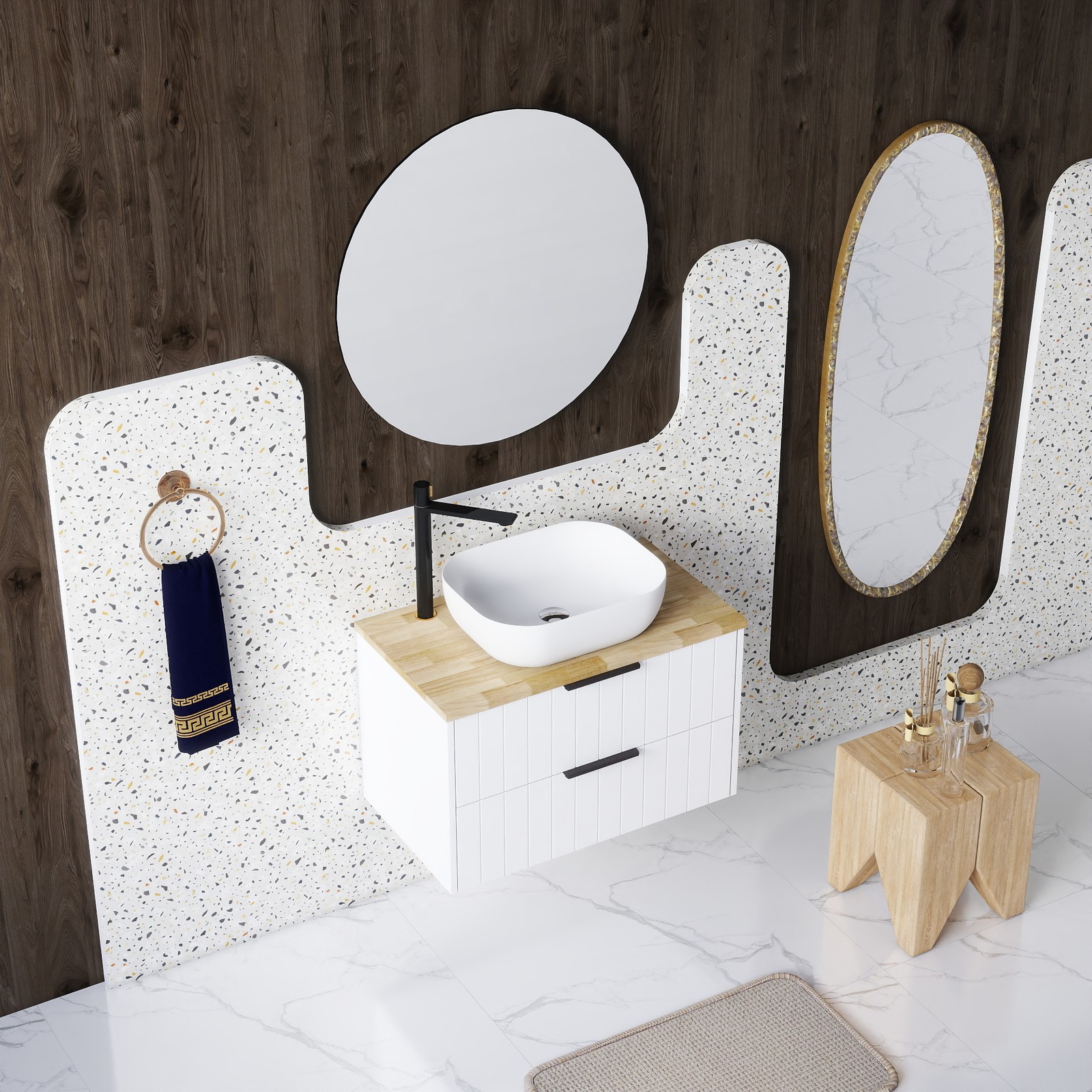 32 Inch Double Drawer Wall Mount Bathroom Vanity White Cabinet Solid Wood Top