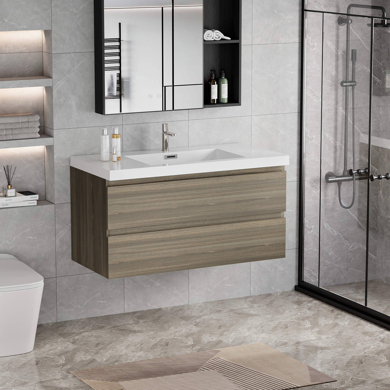 42″Floating Wall Mounted Bathroom Vanity Cabinet +Resin Basin Sink 2Drawers Gray