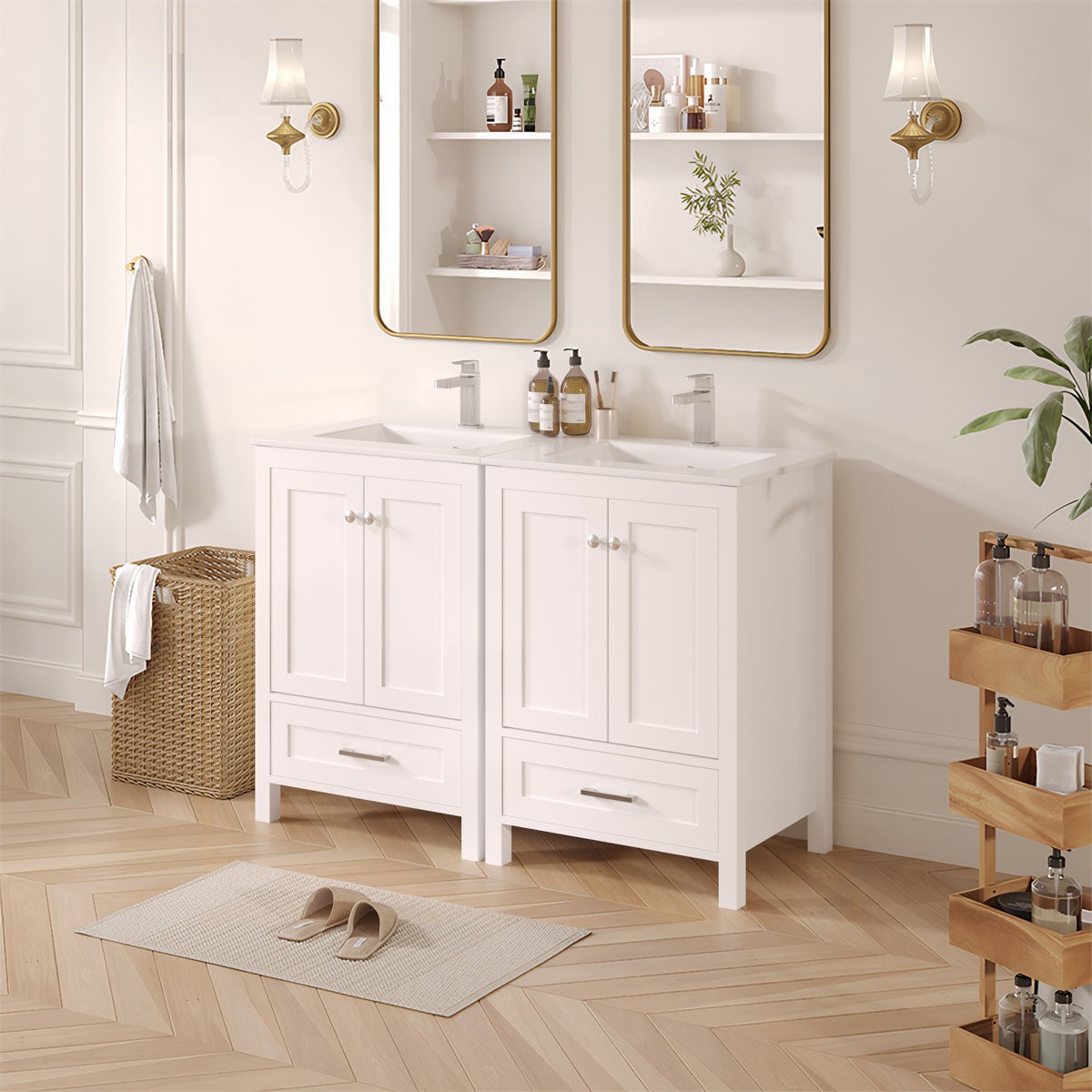 24″ Single Bathroom Vanity with Sink Ceramic Top Modern White Cabinet Drawers