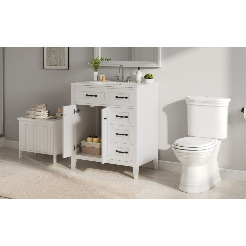 30″ White Bathroom Vanity with Ceramic Sink Freestanding Vanity with Black Metal