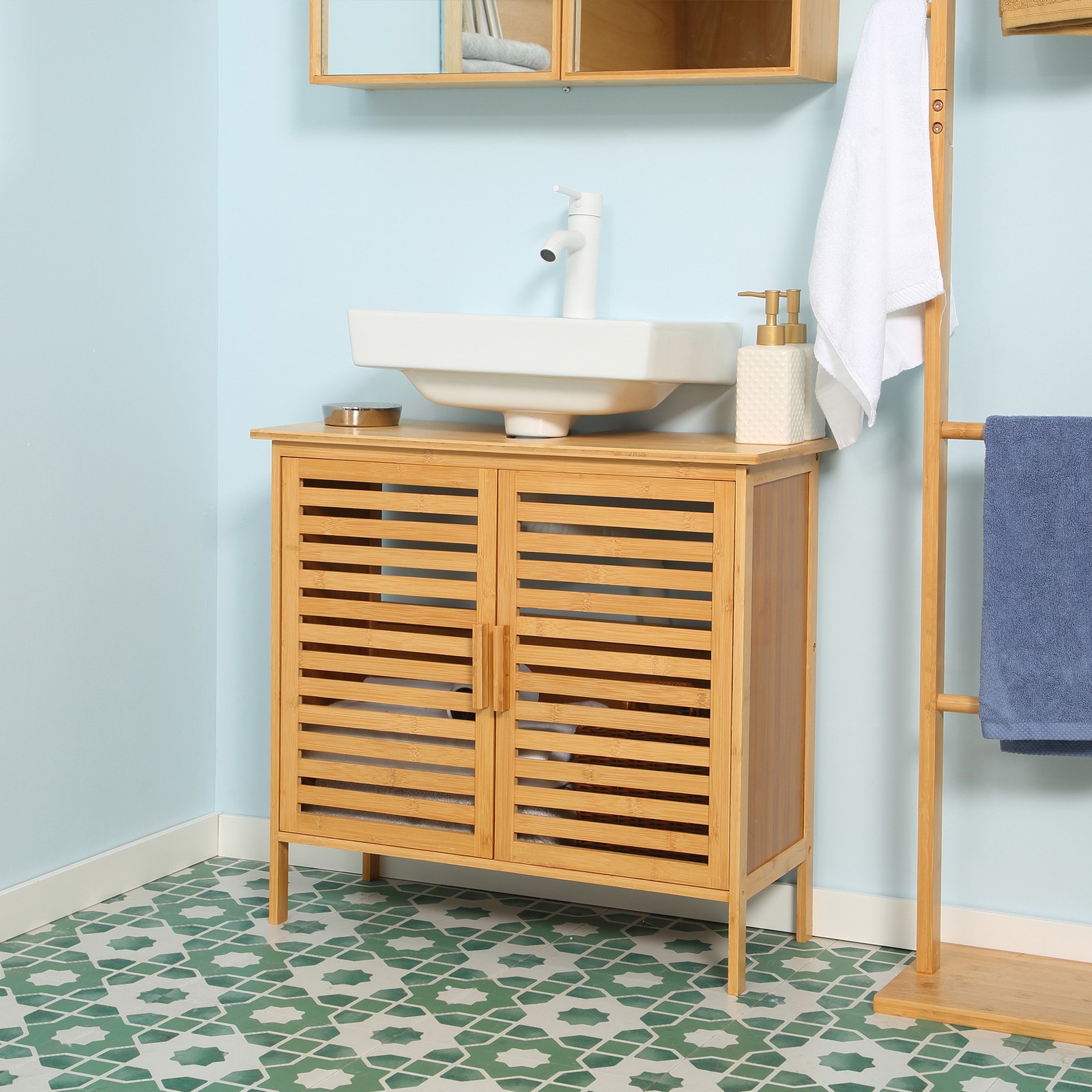 kleankin Freestanding Under Sink Cabinet with 2 Slatted Doors Bamboo Frame