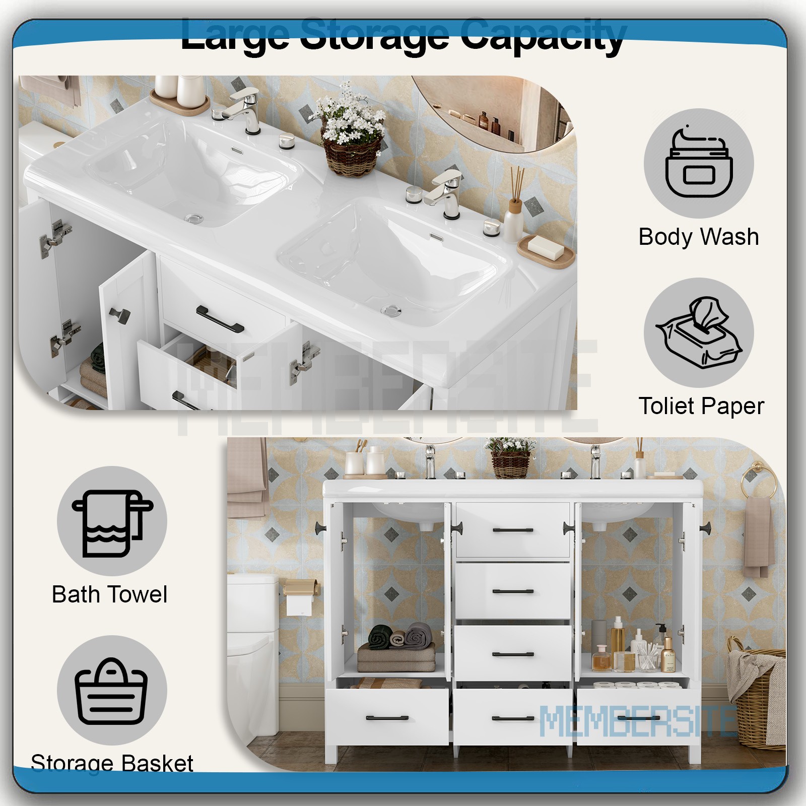 Bathroom Vanity 47.3″ Double Sink Ceramic Freestanding Cabinet Wood Grain White
