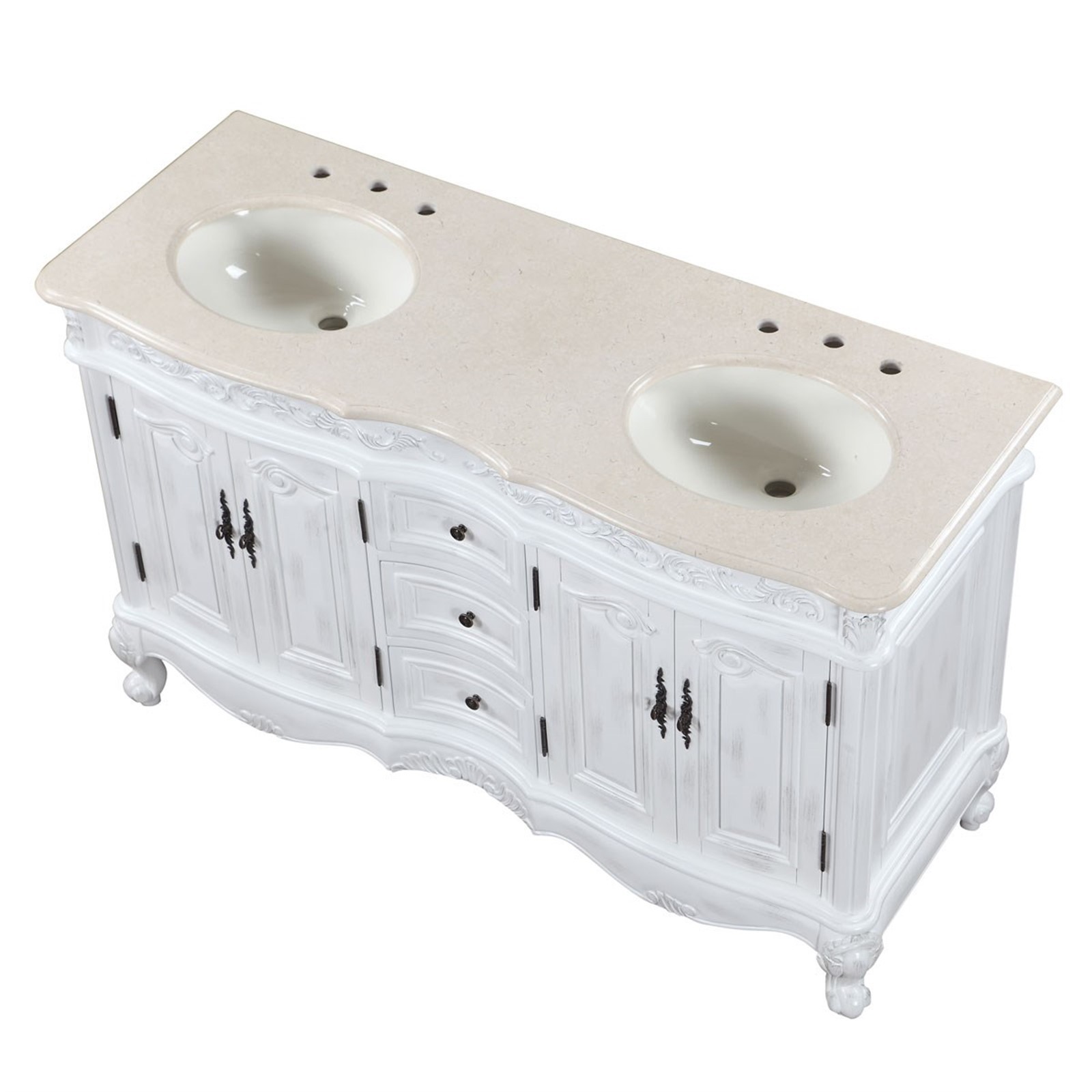 58″ Lavatory Double Sink Bathroom Vanity Cabinet Crema Marfil Marble Top 145CM