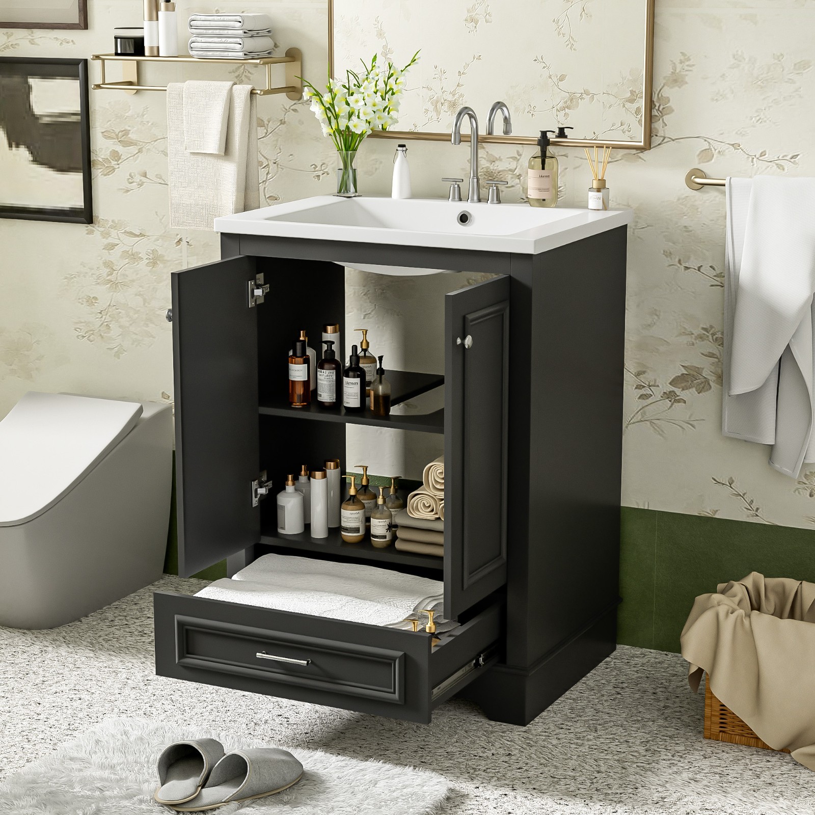 24″ Bathroom Vanity With Ceramic Sink Storage Cabinet Drawer Soft-Closing Doors
