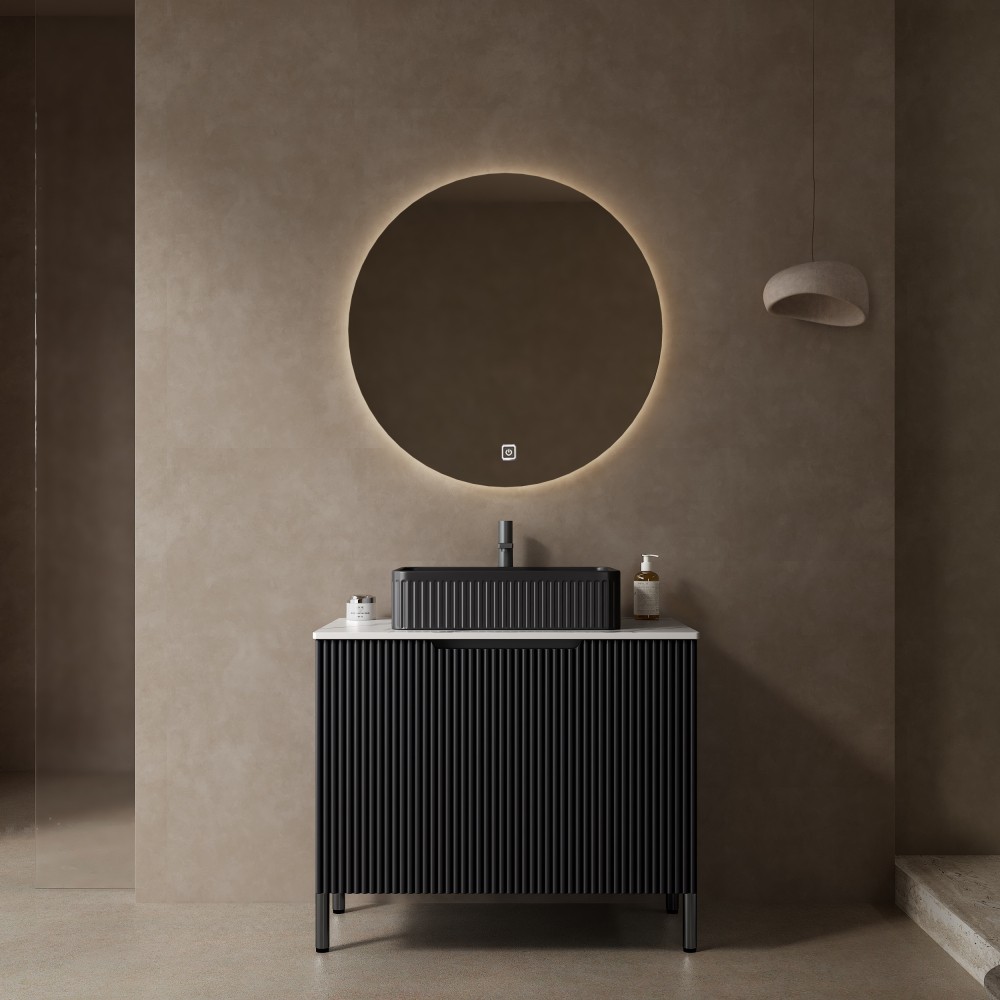 30″ Modern Bathroom Vanity with Black Ceramic Sink and White Carrara Top