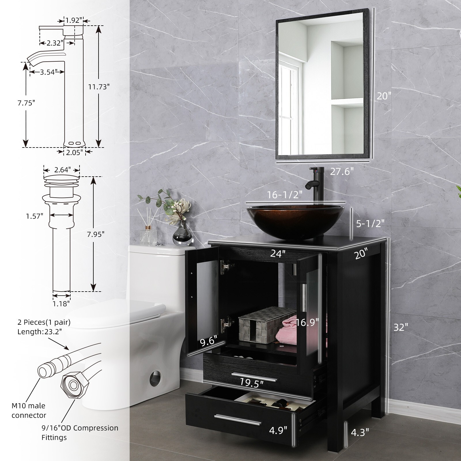 24″ Black Bathroom Vanity Set Round Tempered Glass Vessel Sink No Mirror