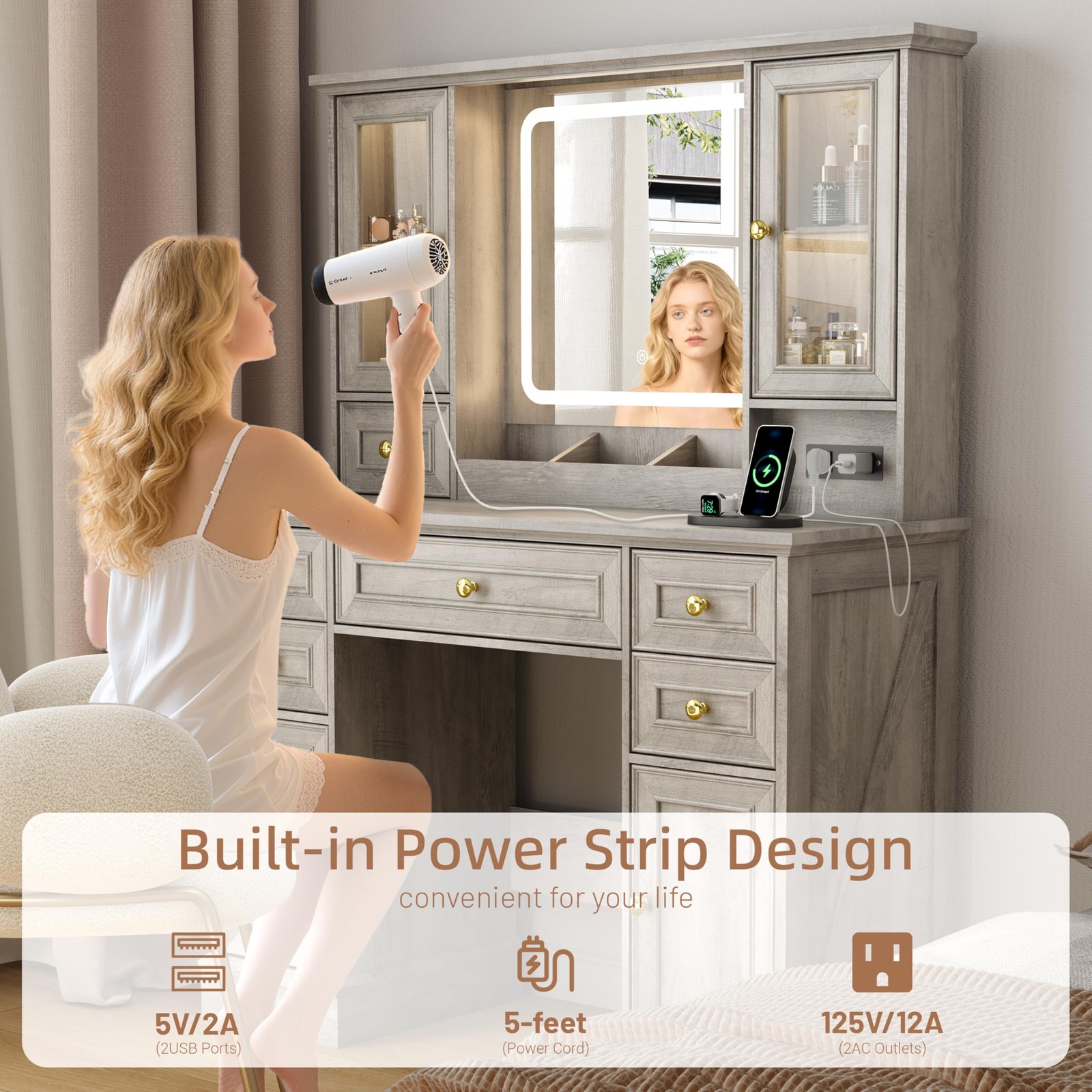 Farmhouse Vanity Desk with Power Outlet USB Ports 6 Drawers RGB Dimmable Mirror