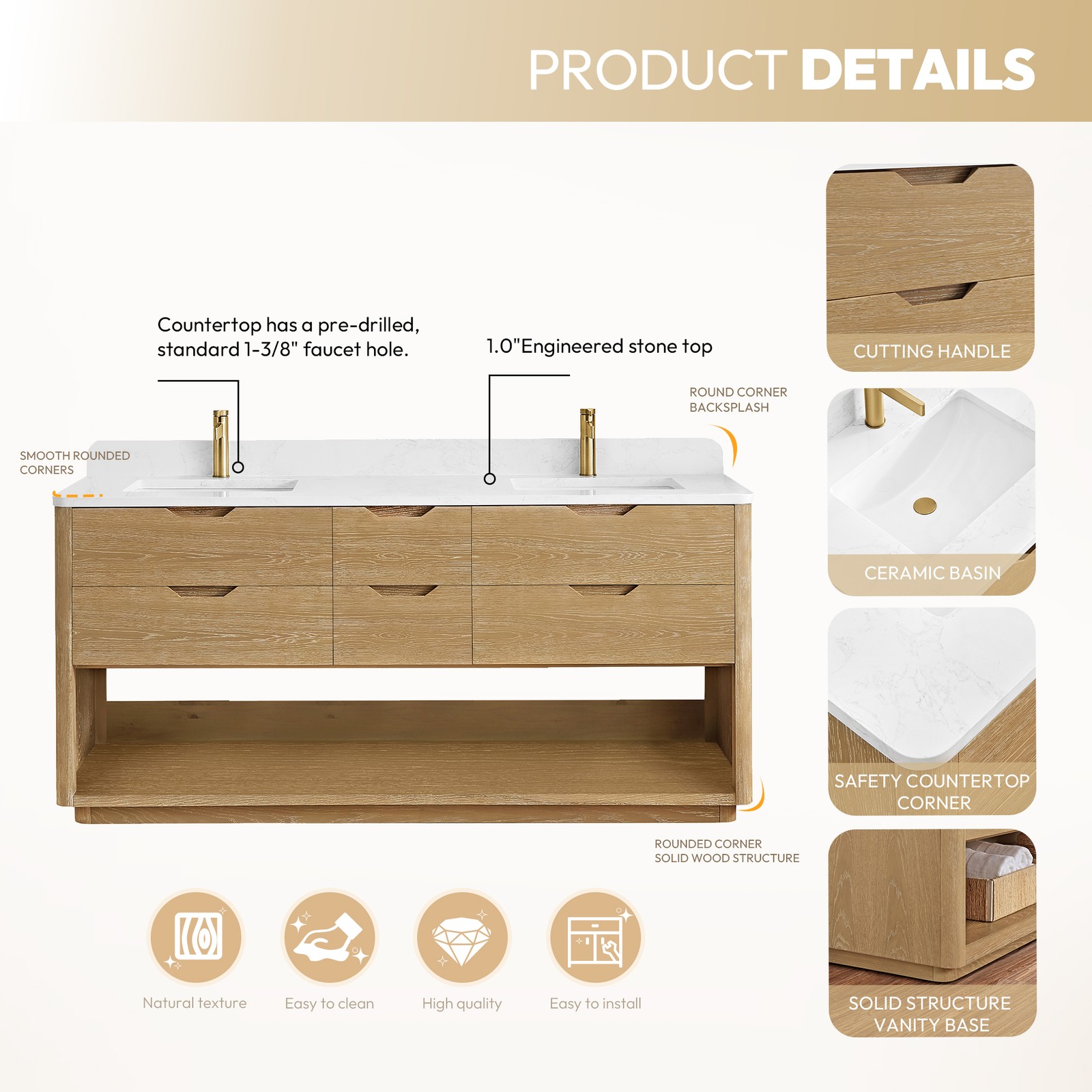 Harbin 72″ Double Bath Vanity in Washed Ash Grey with White Grain Stone Top