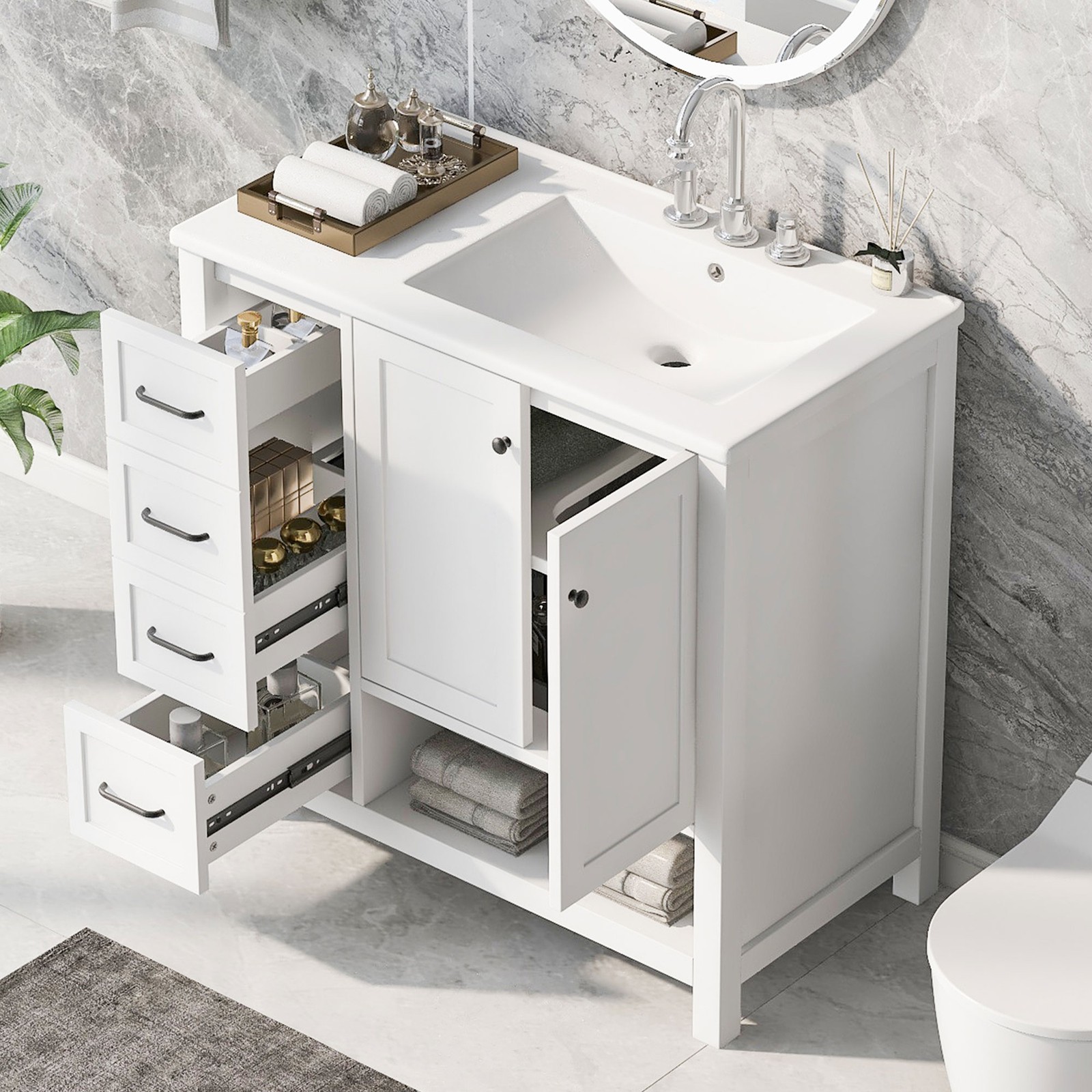 36″ Bathroom Vanity with Ceramic Sink, Modern Storage Cabinet w/Doors & Drawers