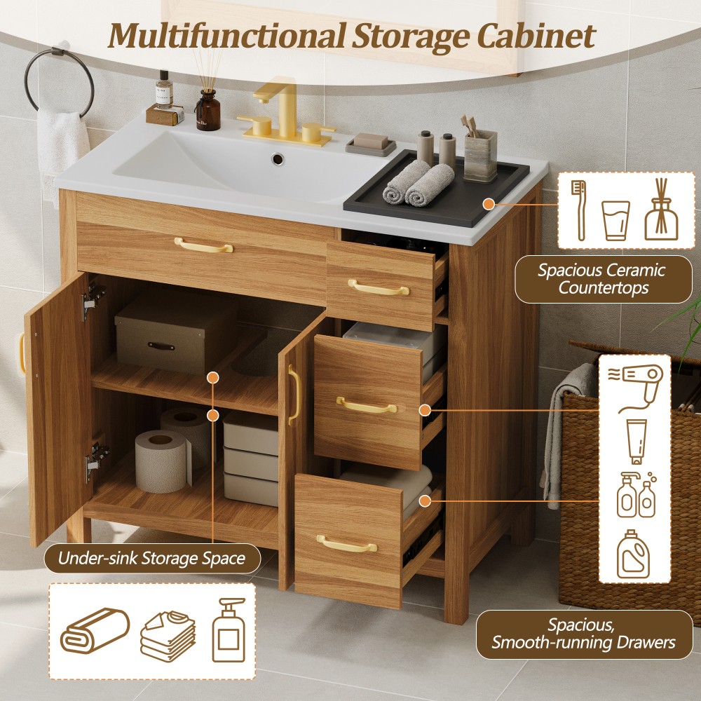 36 Inch Wood Bathroom Vanity with Ceramic Sink, Soft Close Doors & Drawers
