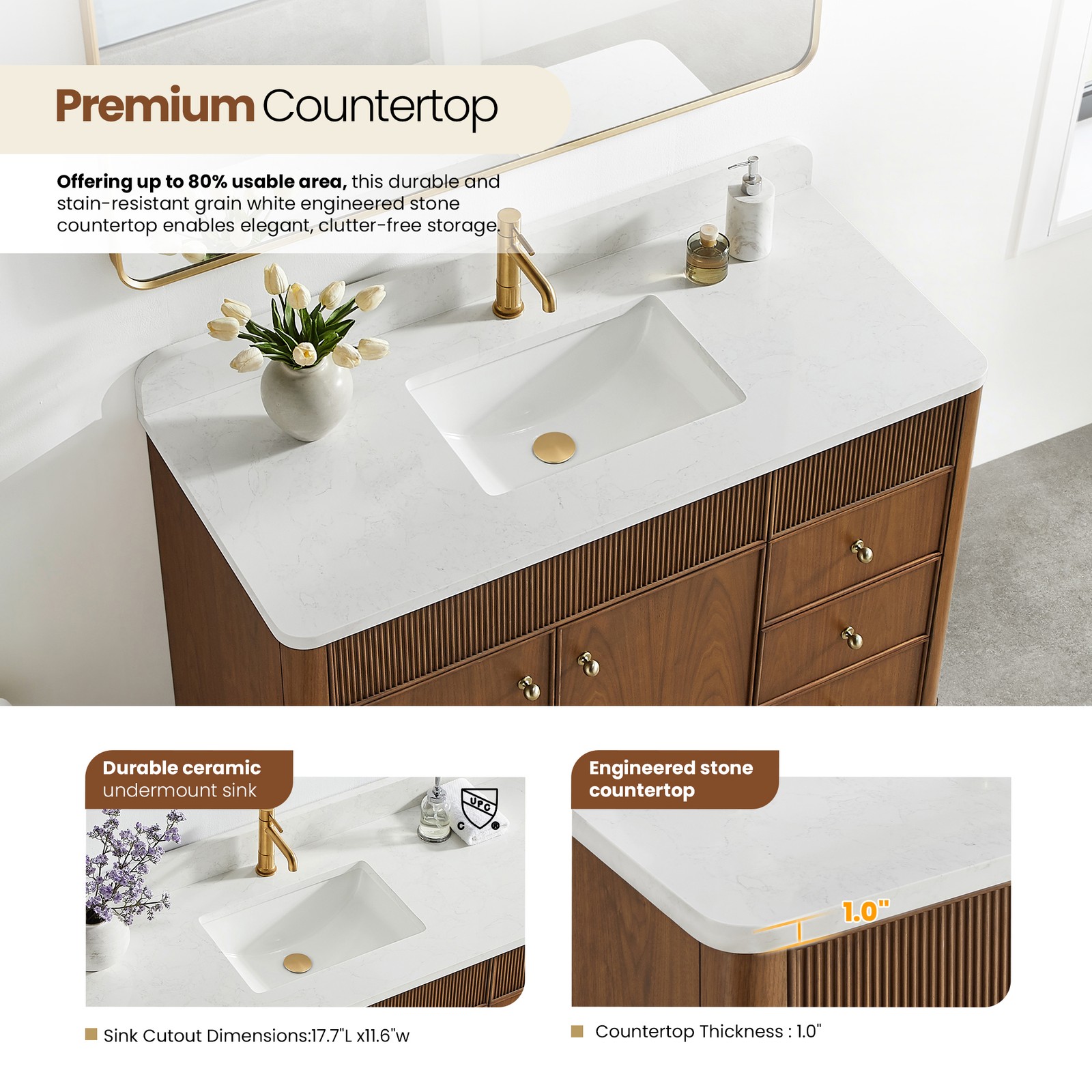 Zogno 48″ Single Sink Bath Vanity in Natural Walnut with White Grain Stone Top