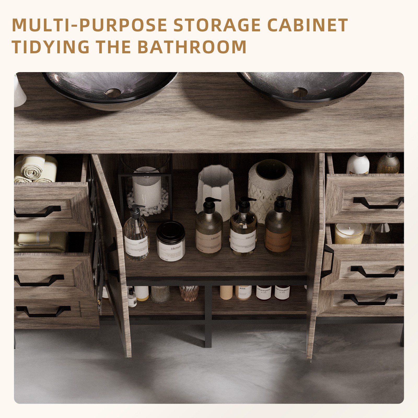 48″ Large Bathroom Vanity With Double Sink Cabinet Glass Basin No Mirror Faucet