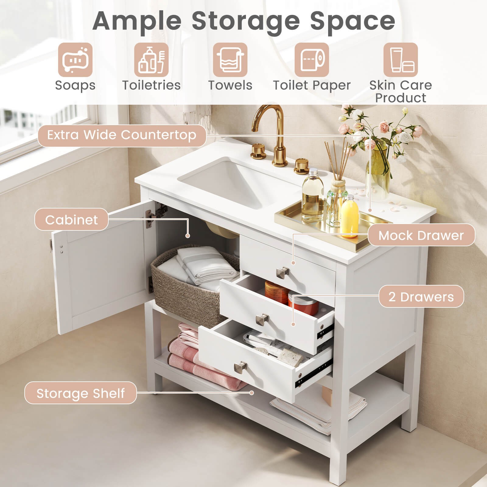 Bathroom Vanity Unit with Basin with Extra Wide Granite Countertop Ceramic Sink