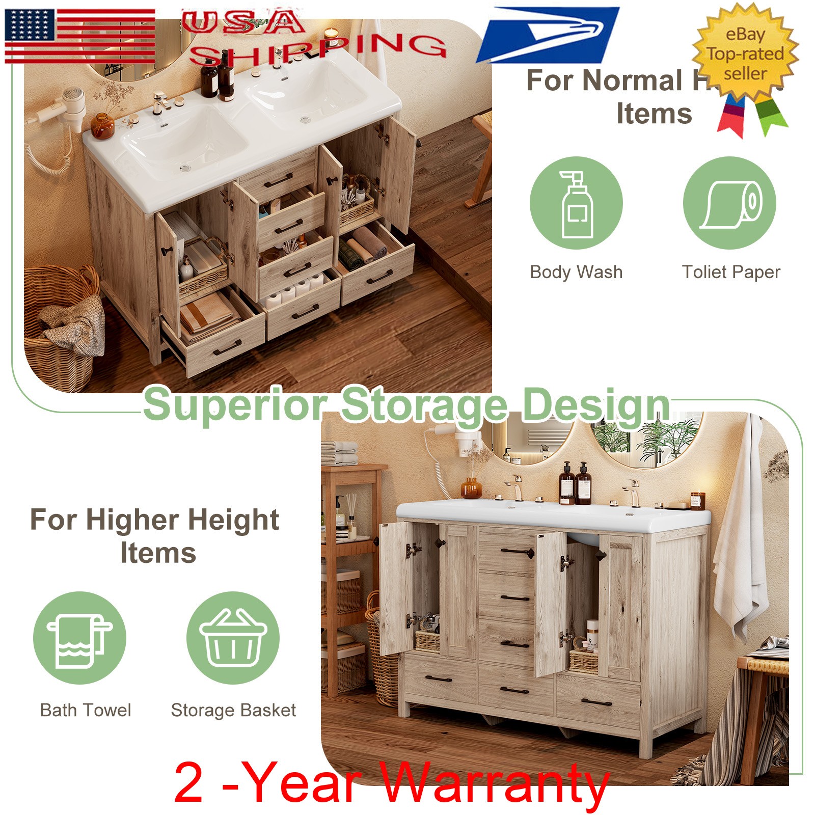 47.3″ Bathroom Vanity Set Double Sink Ceramic Storage Cabinet Drawers Wood Grain