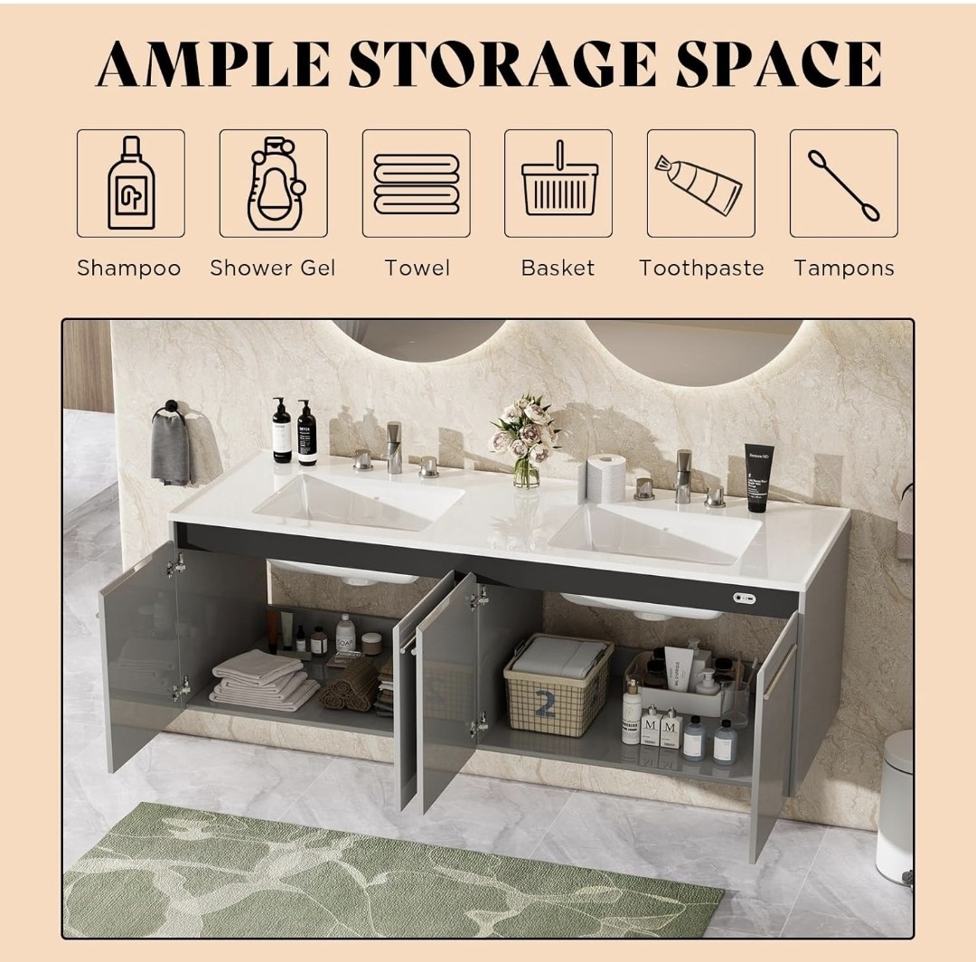 AMERLIFE Double Sink Bathroom Vanity, 60.6″ Wall Mounted, Gray, Storage Cupboard