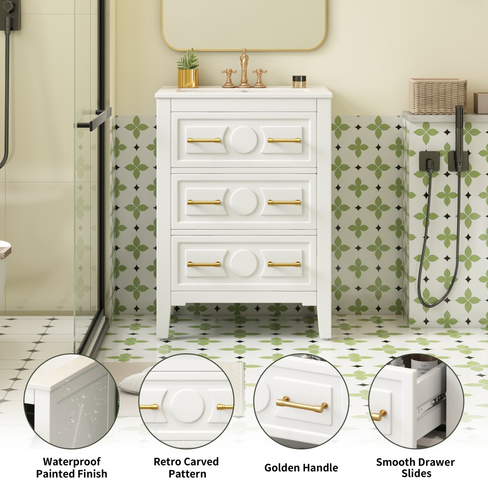 Bathroom Vanity W Ceramic Sink Combo 3 Drawers