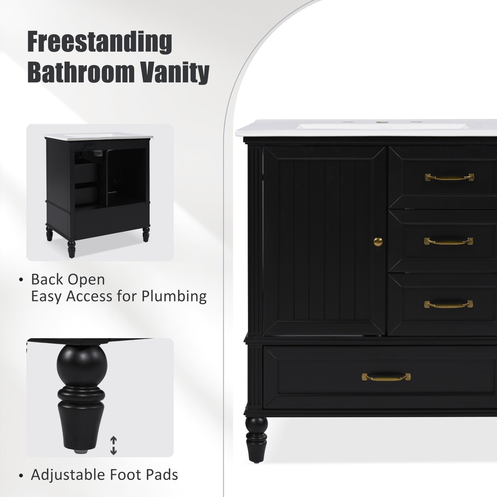 30″ Bathroom Vanity with Sink, Bathroom Cabinet with A Door, Three Drawers Black