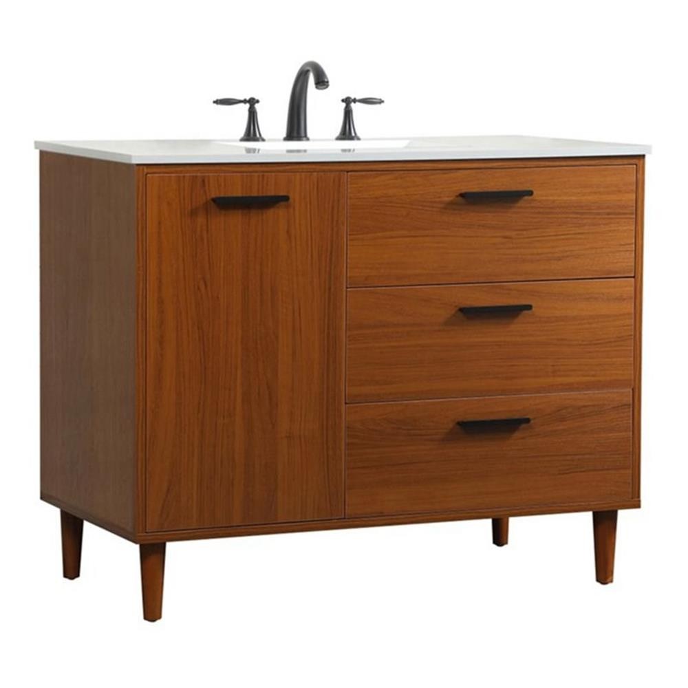 Pemberly Row Modern 42″ Solid Wood and MDF Bathroom Vanity in Teak