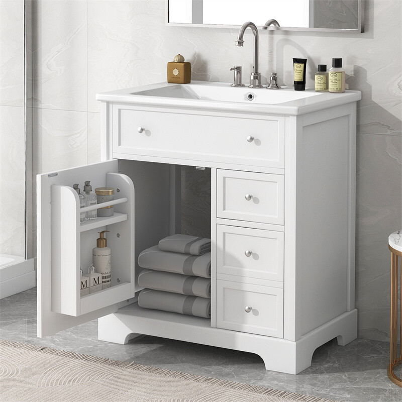 30″ White Bathroom Vanity with Ceramic Sink Set Storage Cabinet w/Door & Drawers