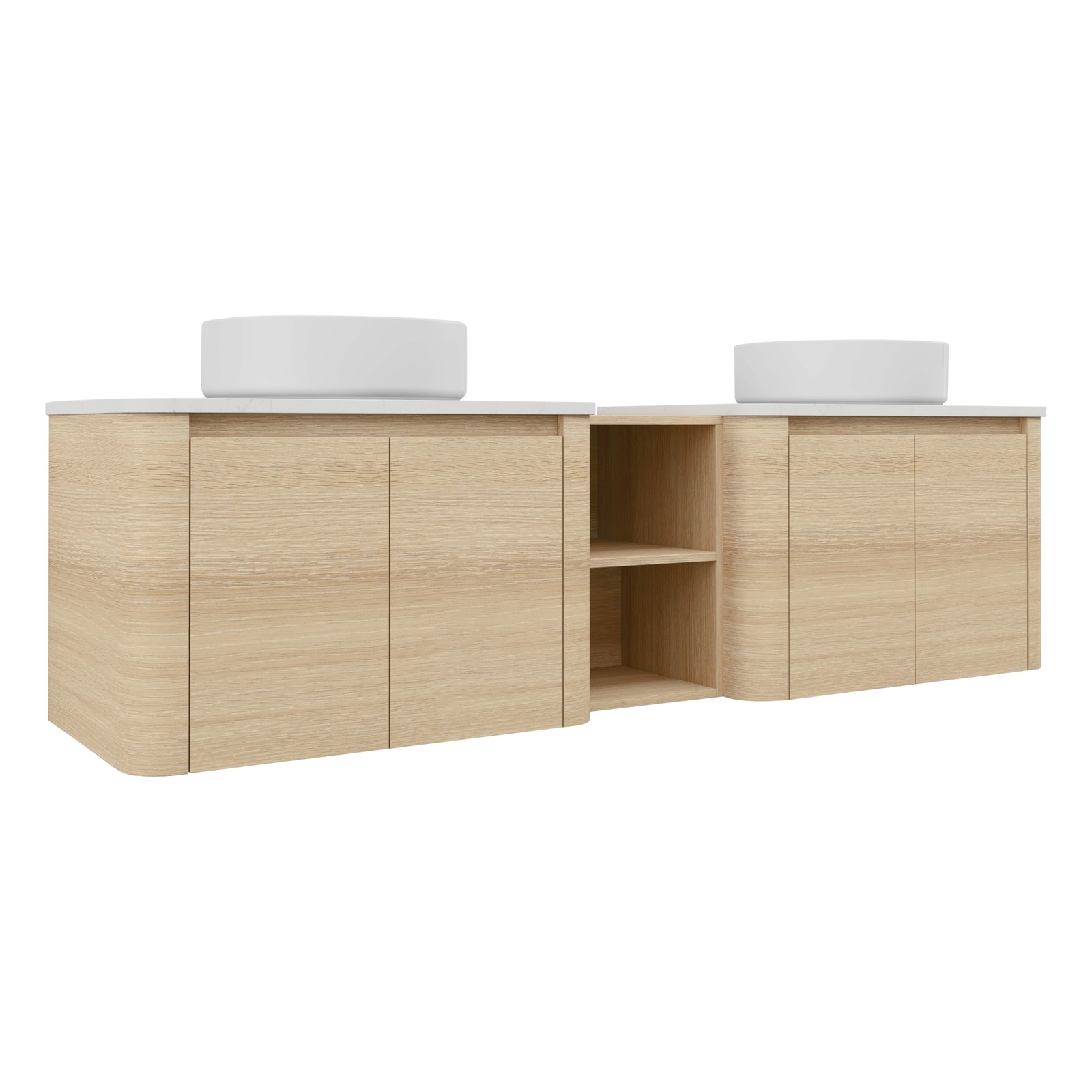 72″ Floating Bathroom Vanity W/ 2 White Ceramic Sink Stone Slab Top+Open Shelves