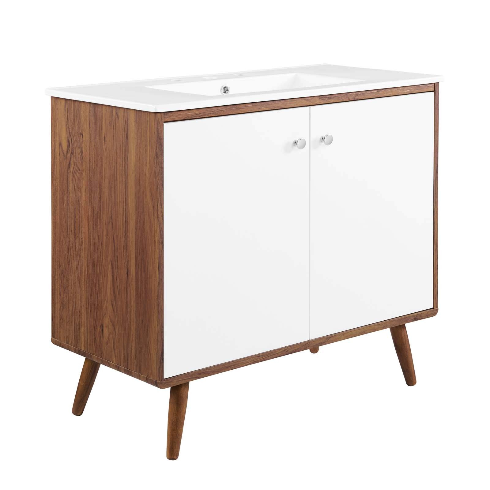 Modway Transmit 36″ Modern Wood and Ceramic Bathroom Vanity in Walnut/White