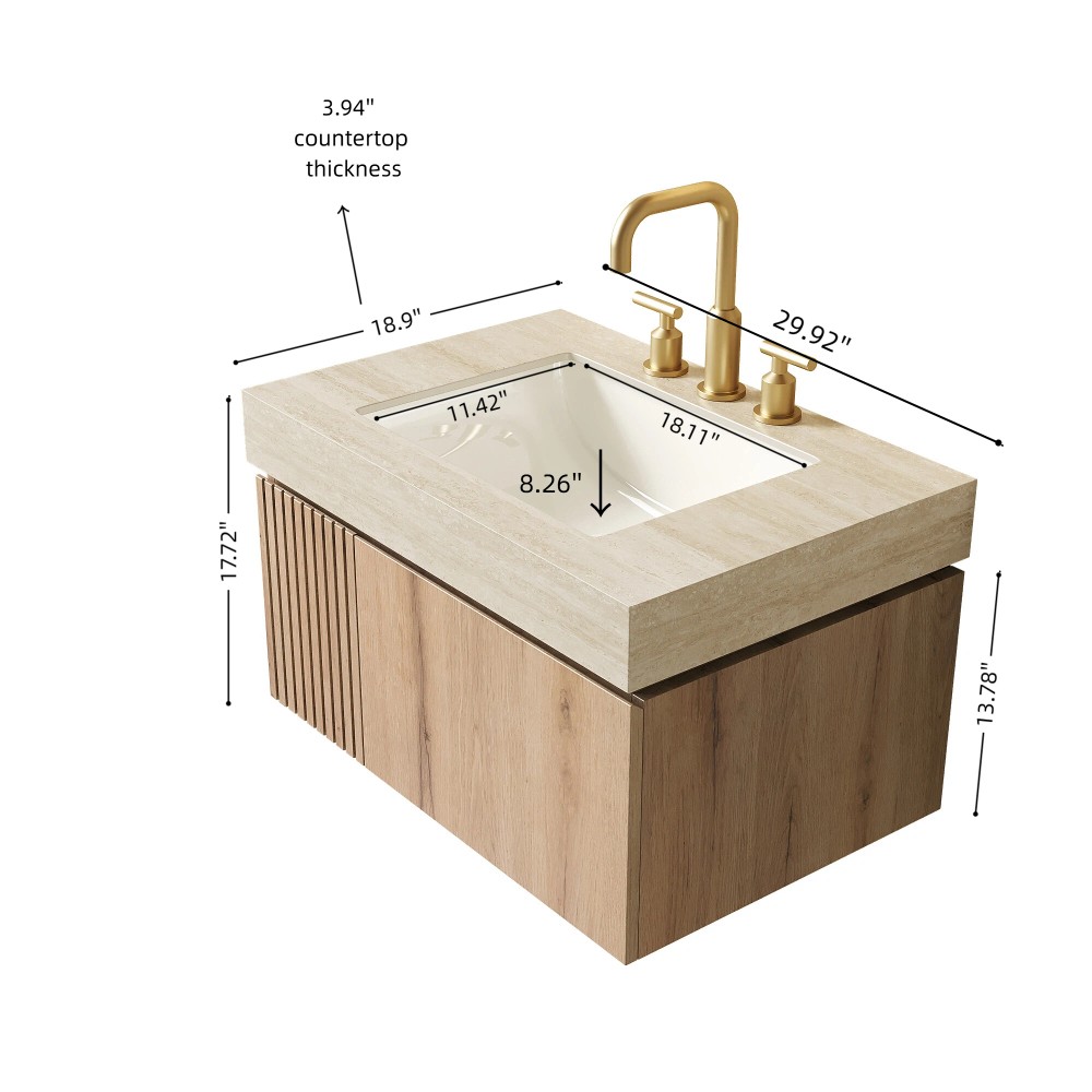 Floating Bathroom Vanity with Sink, Cabinet, Ceramic Basin & Stone Top