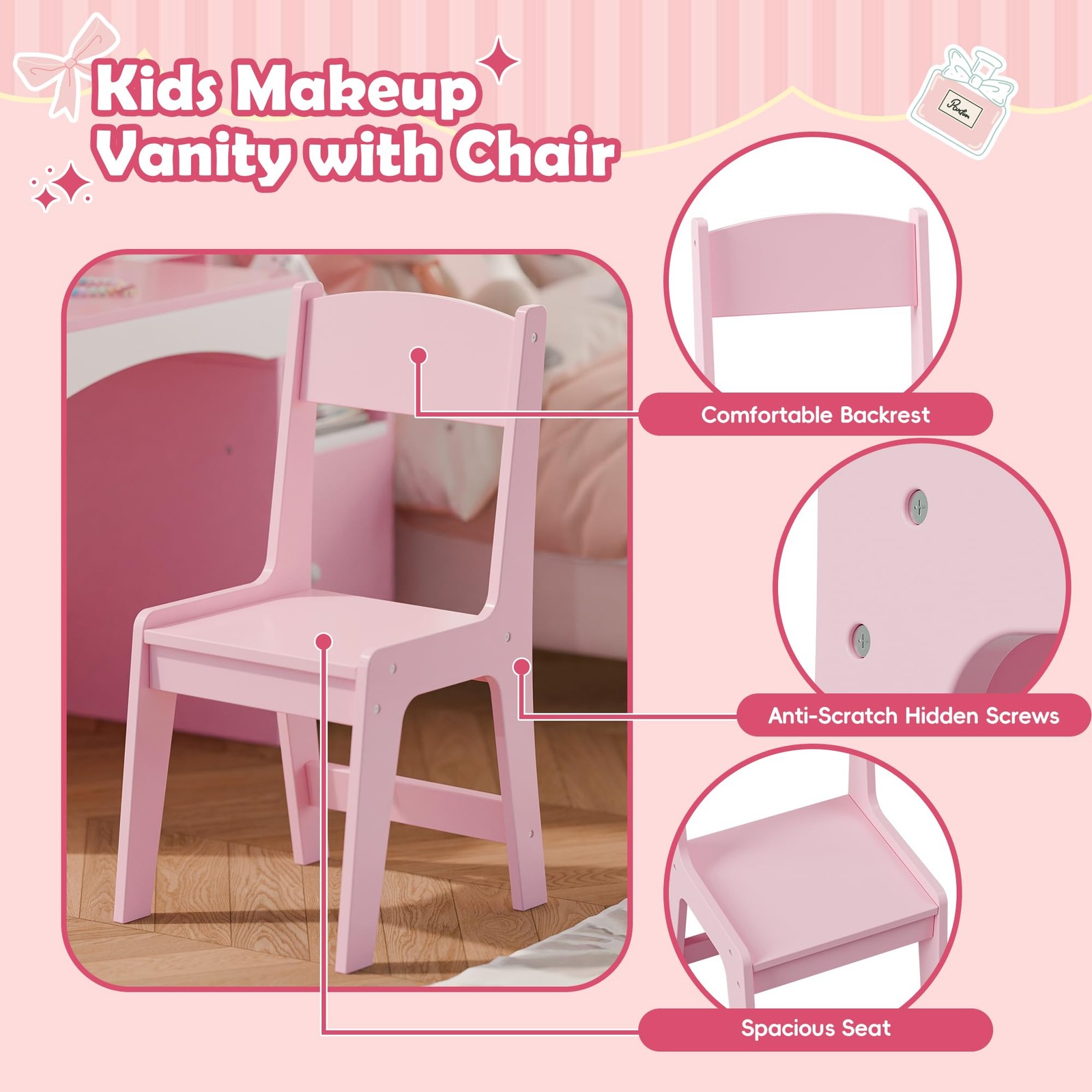Kids Vanity Lights Princess Makeup Desk 2in1 Table Chair Set Lighted Mirror Pink