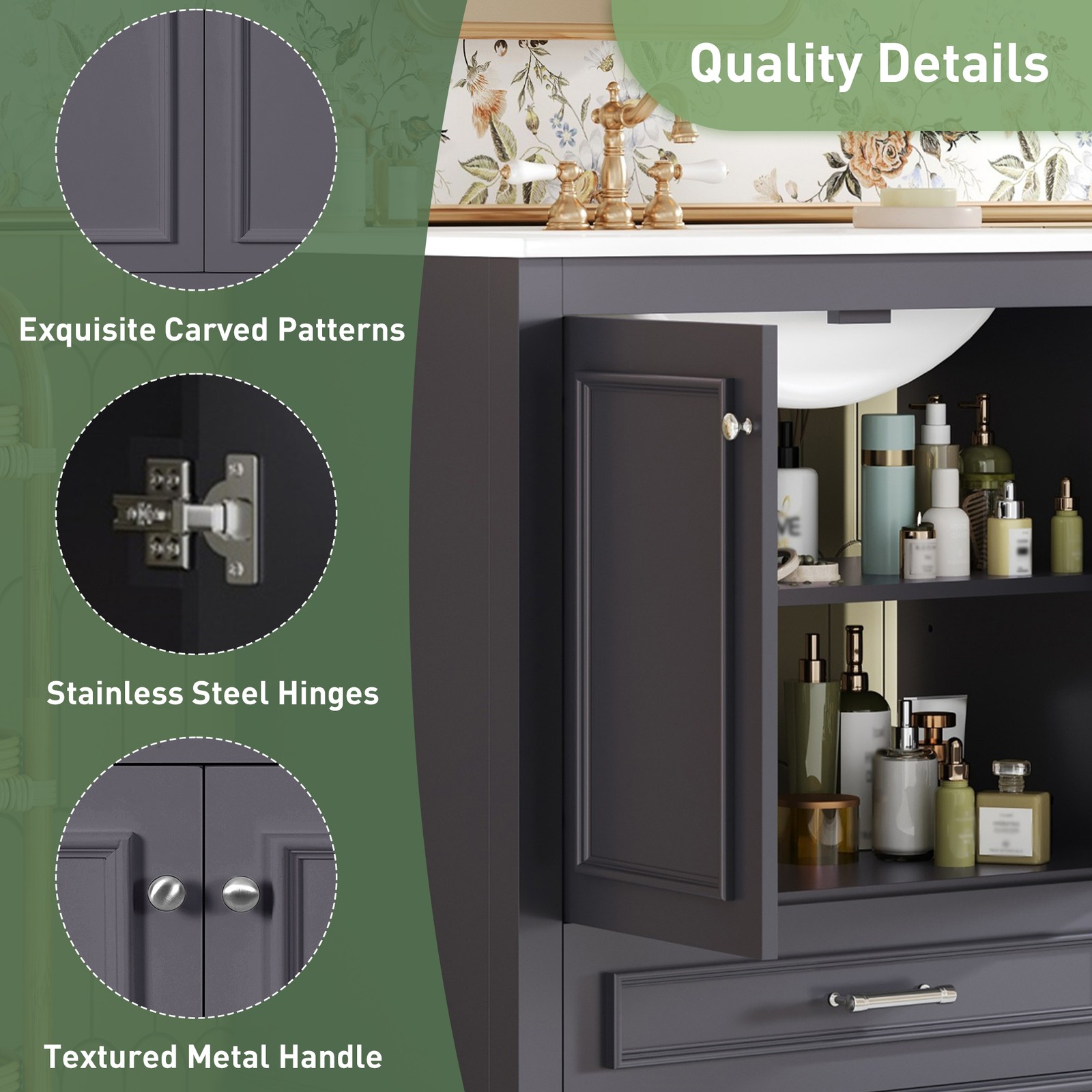 30.5″ Bathroom Vanity with Ceramic Sink, 2 Soft Close Doors, Solid Wood Frame