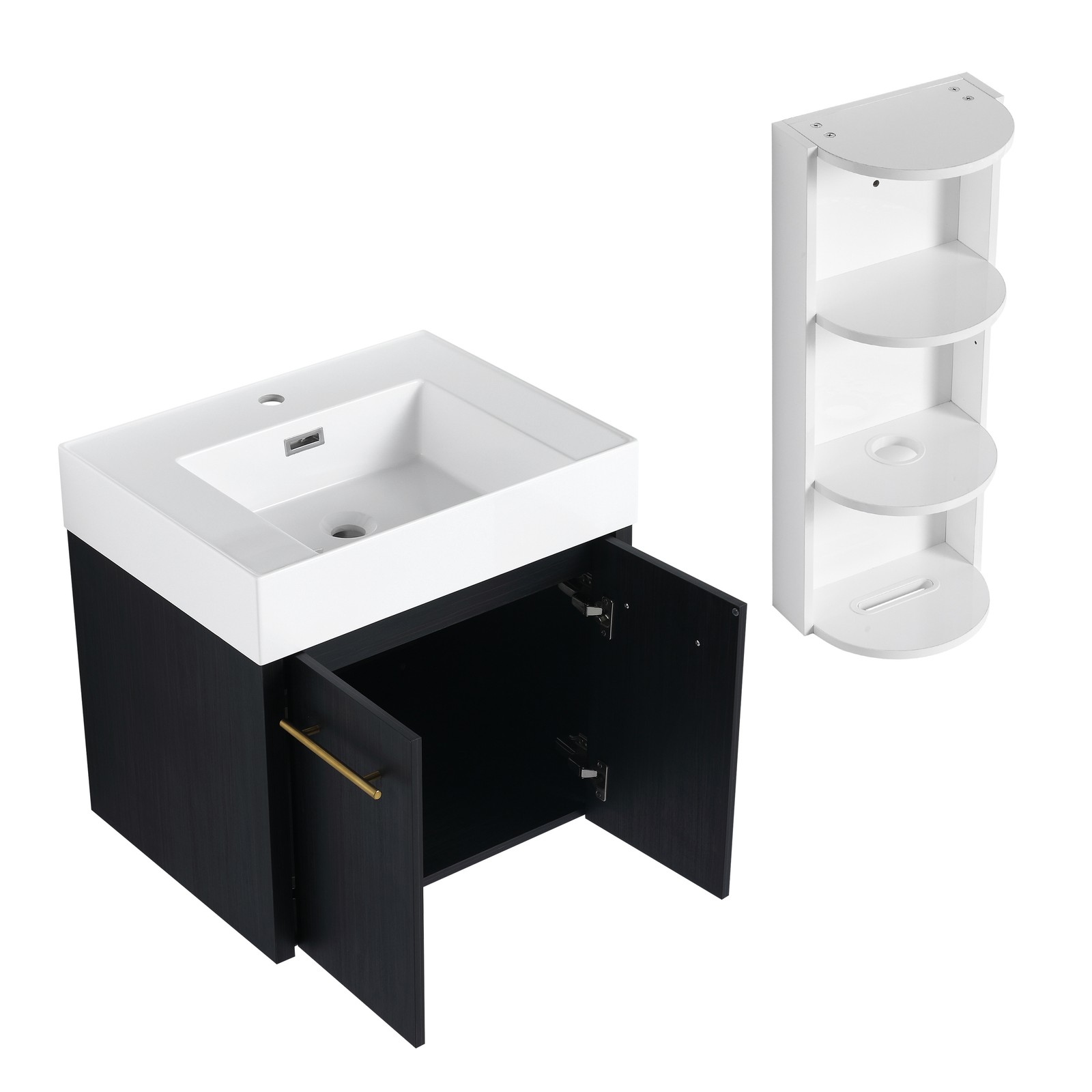 24In Plywood Wall-Mounted Bathroom Vanity W/Resin Sink Doors + Side Storage Rack