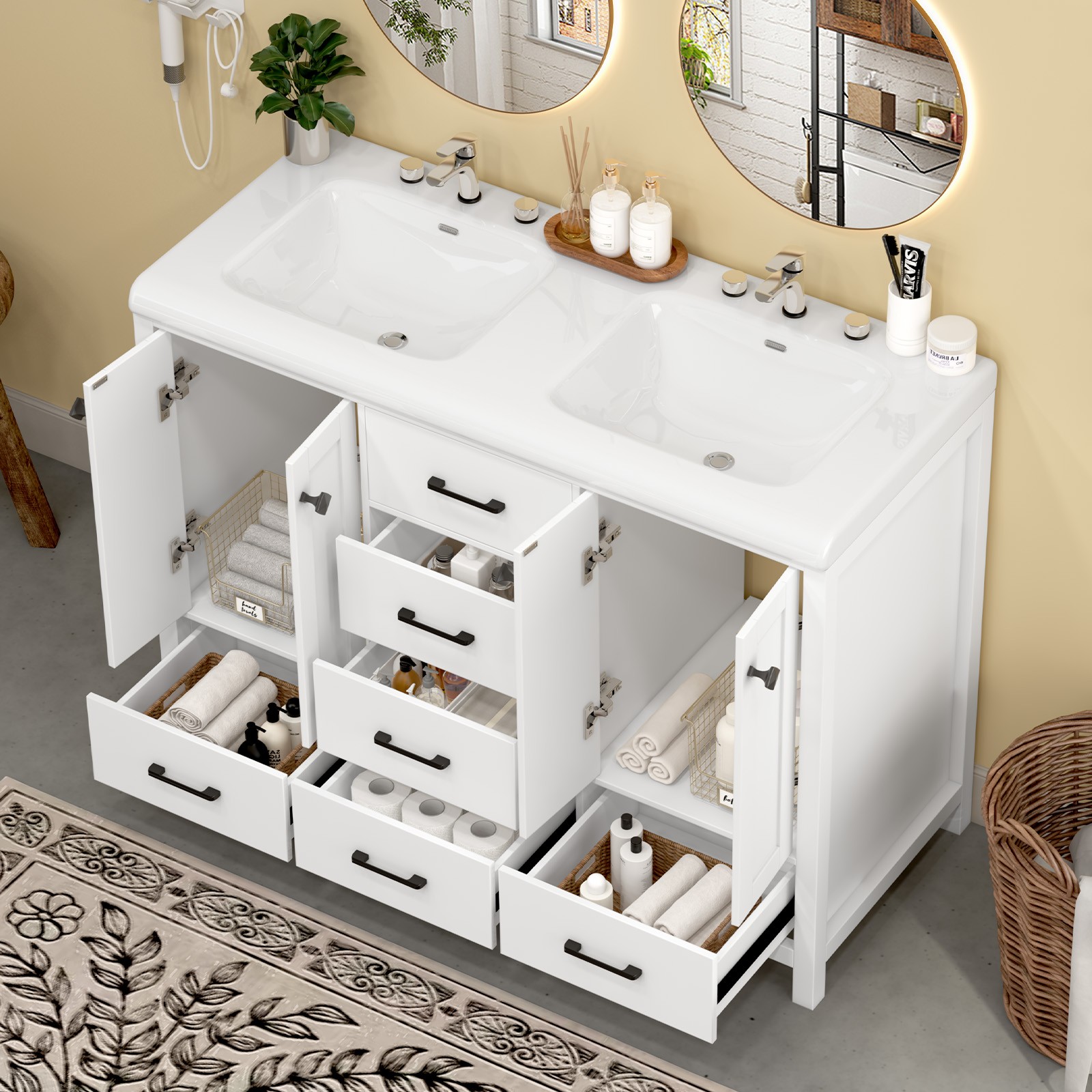 47″ White Bathroom Vanity Storage Cabinet with Double Ceramic Sink Freestanding