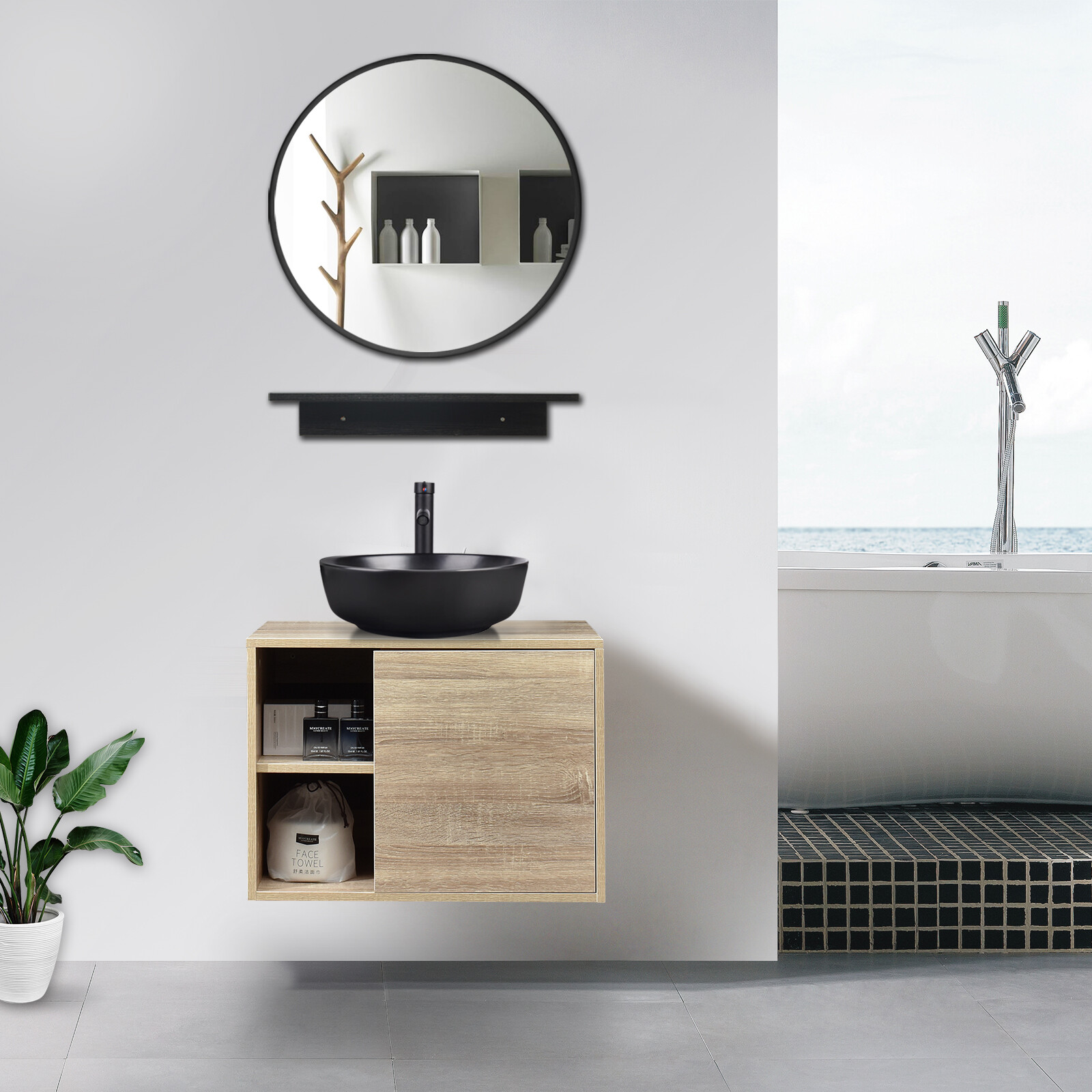 24” Bathroom Vanity w/ Mirror Wooden Floating Cabinet Storage Vessel Sink Combo