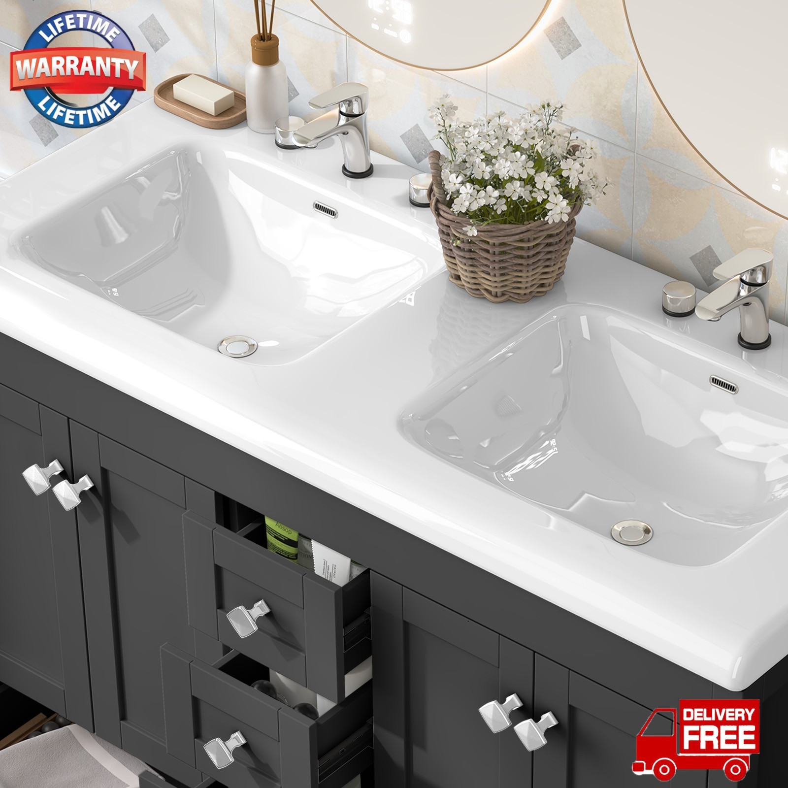 47″ Bathroom Vanity Cabinet with Double Sink Ceramic and 5 Drawers Freestanding