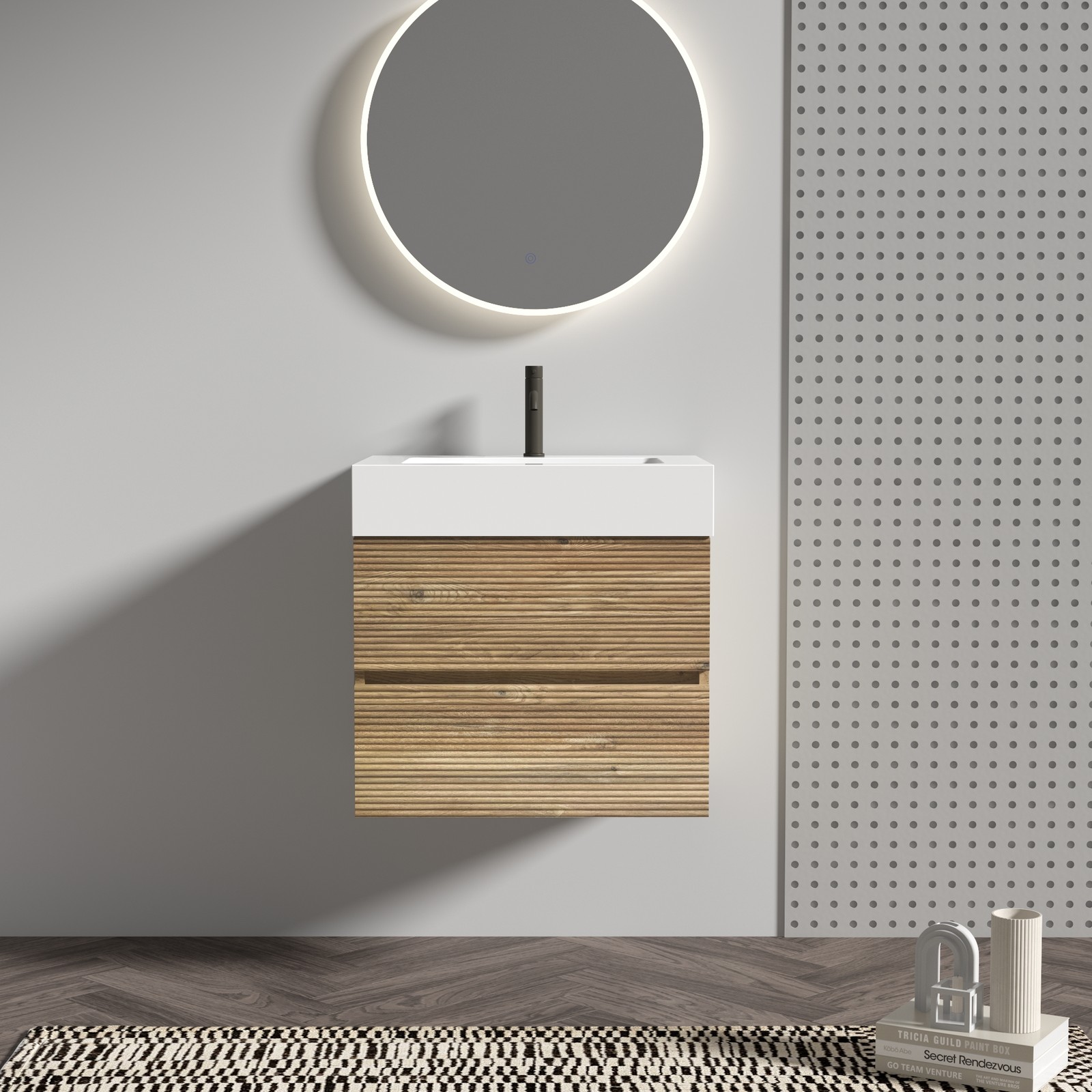 24″ Rough Oak Wall Mounted Bathroom Vanity with White Glossy Sink