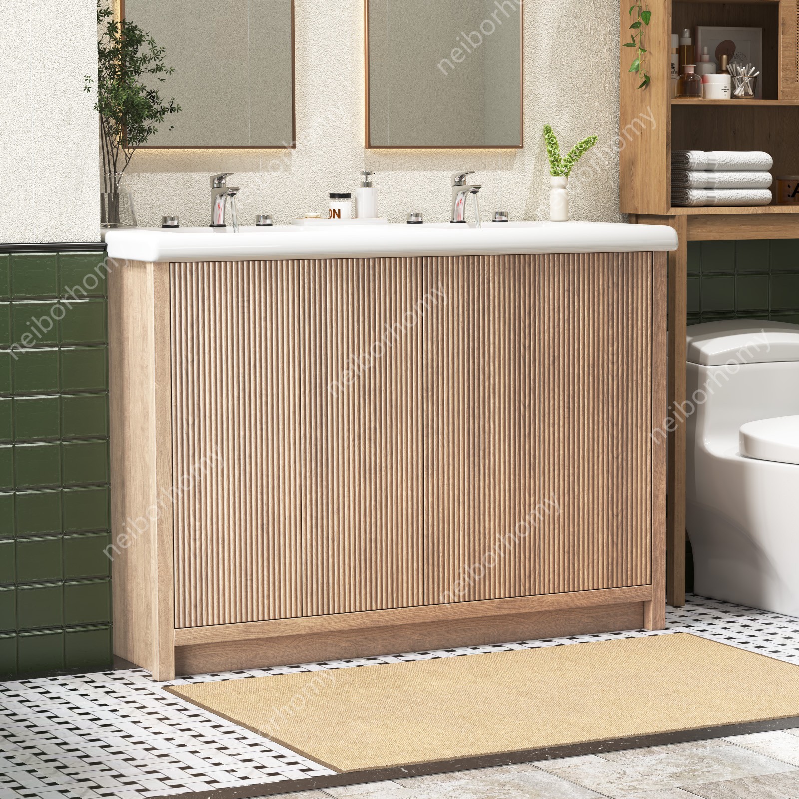47″ Double Sink Bathroom Vanity Wood Grain Modern 2 Basin Storage Cabinet