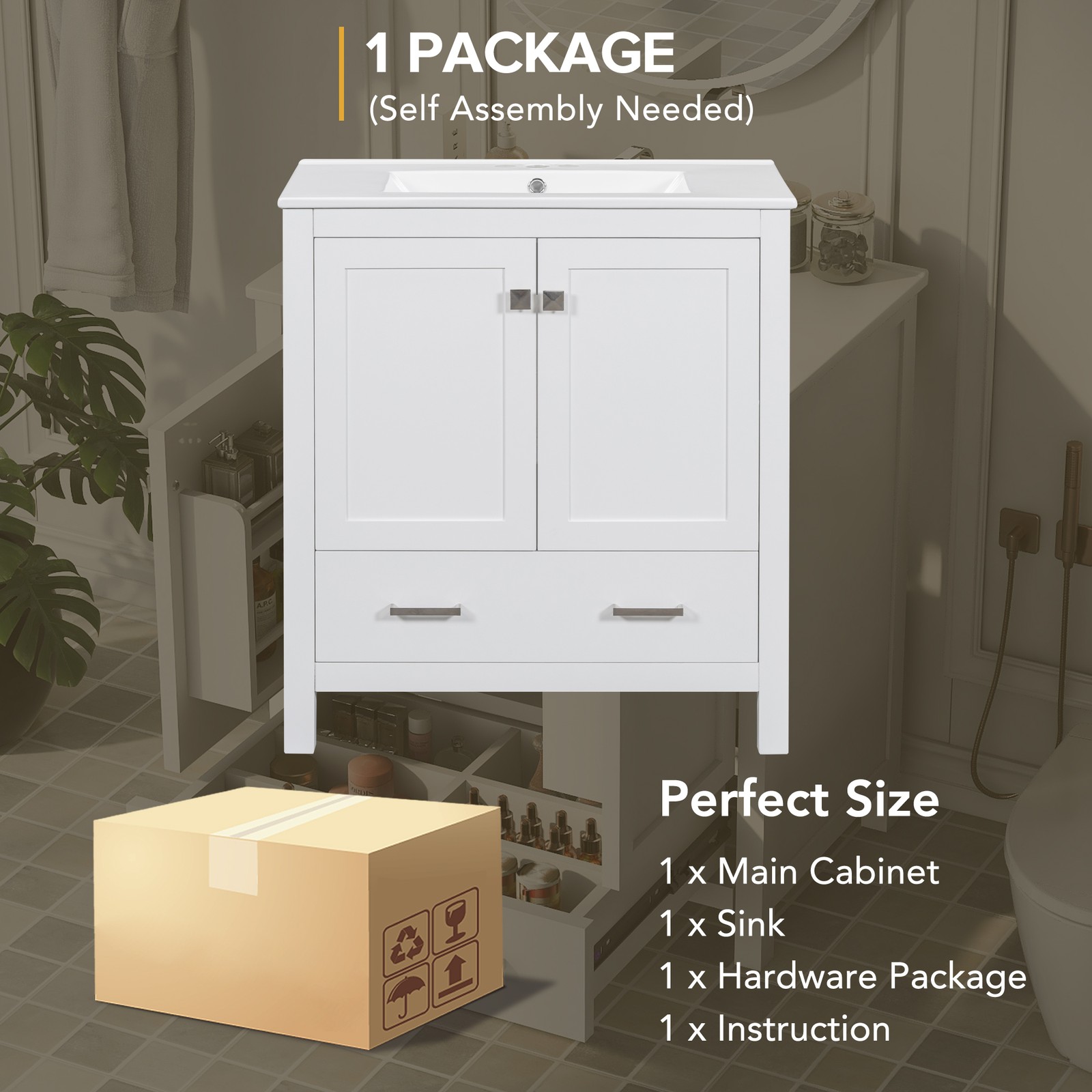 30″ White Bathroom Vanity with Single Sink & Soft Close Doors