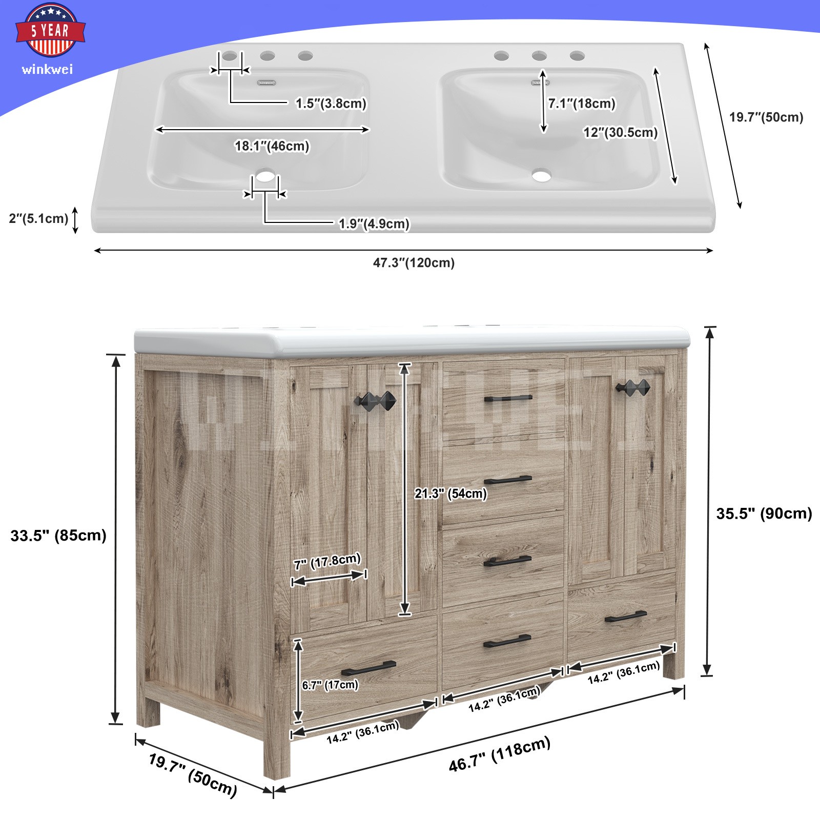47.3″ Grey Bathroom Vanity Vanity Top Double Sink Ceramic 5 Drawer Freestanding