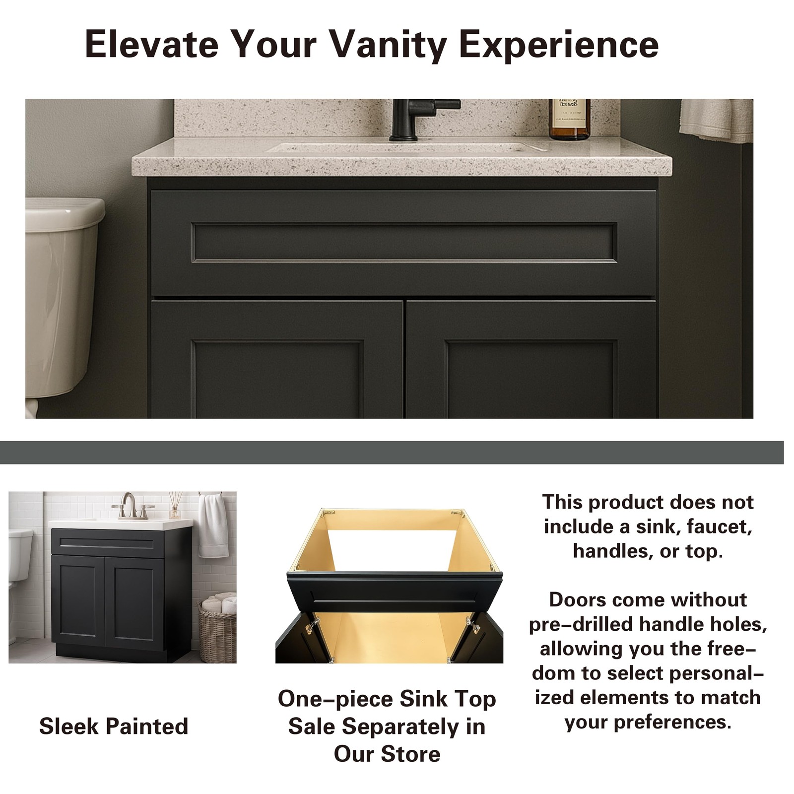 Black Shaker Bathroom Vanity Base 24″ – Solid Wood & Plywood Construction, So…