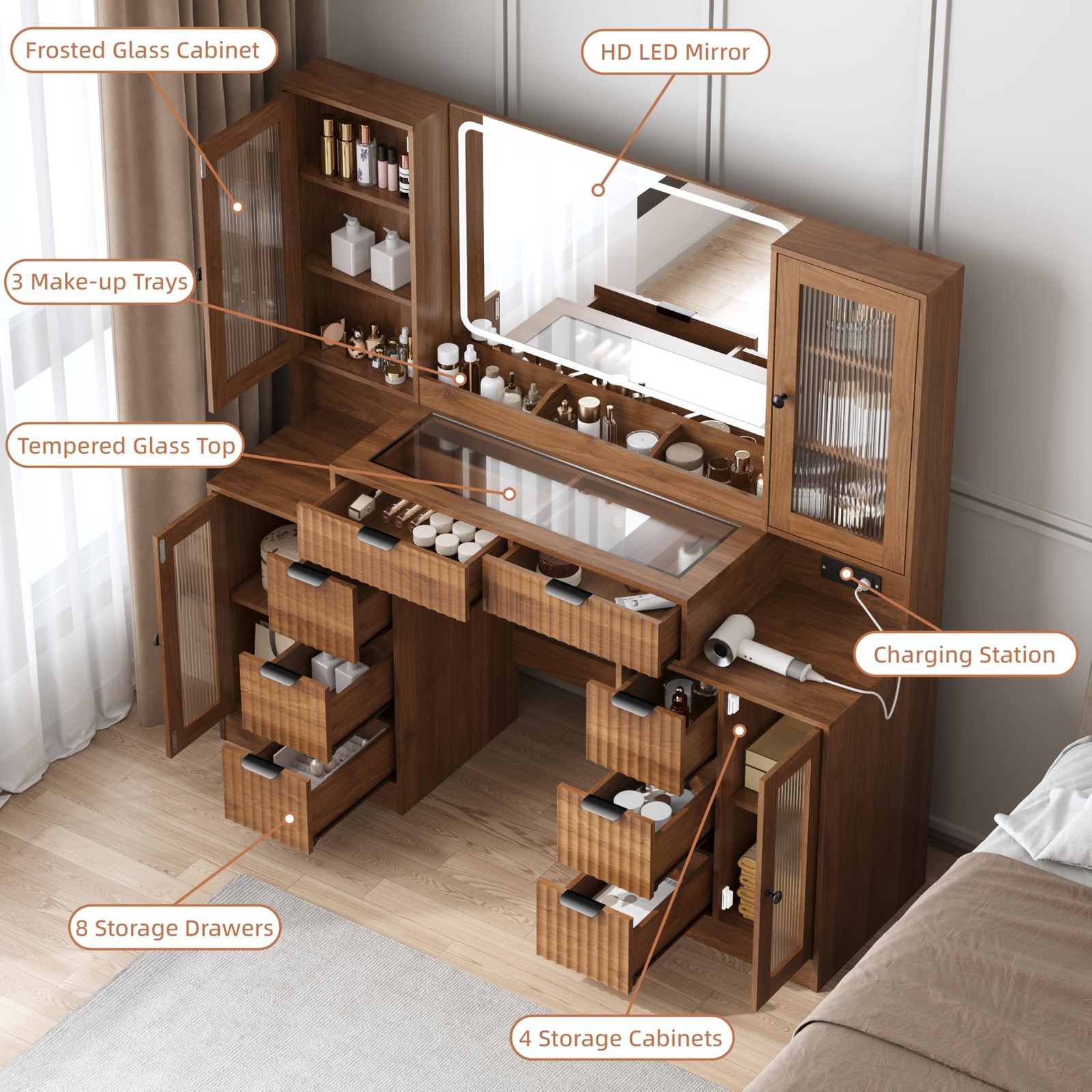 55in Fluted Vanity Desk Lighted Mirror 8 Drawers Tempered Glass Charging Station