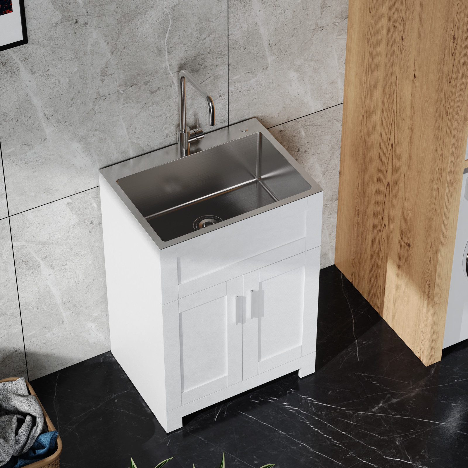 24″ White Laundry Tub Cabinet w/ Stainless Steel Sink & Faucet