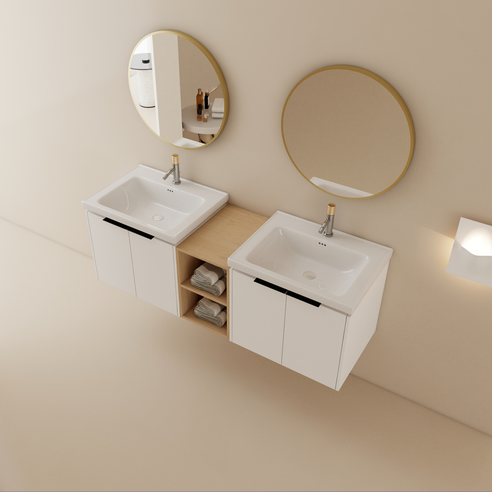 60″ Bathroom Vanity Double Ceramic Basin Wall Mounted Cabinet W/ Storage Shelves
