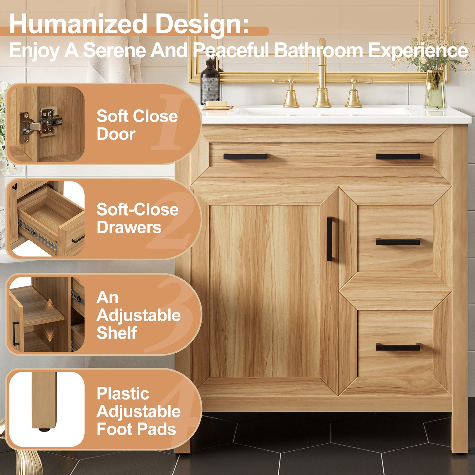 30″ Bathroom Vanity Solid Wood Frame W/Soft Close Door 2 Drawers Storage Cabinet