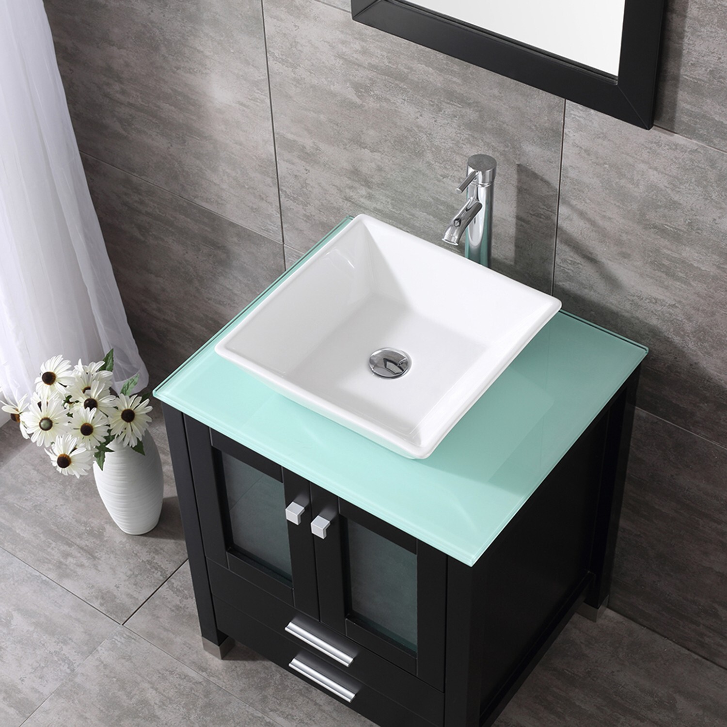 24” Single Black Bathroom Vanity Cabinet Ceramic Vessel Sink w/ Faucet Mirror