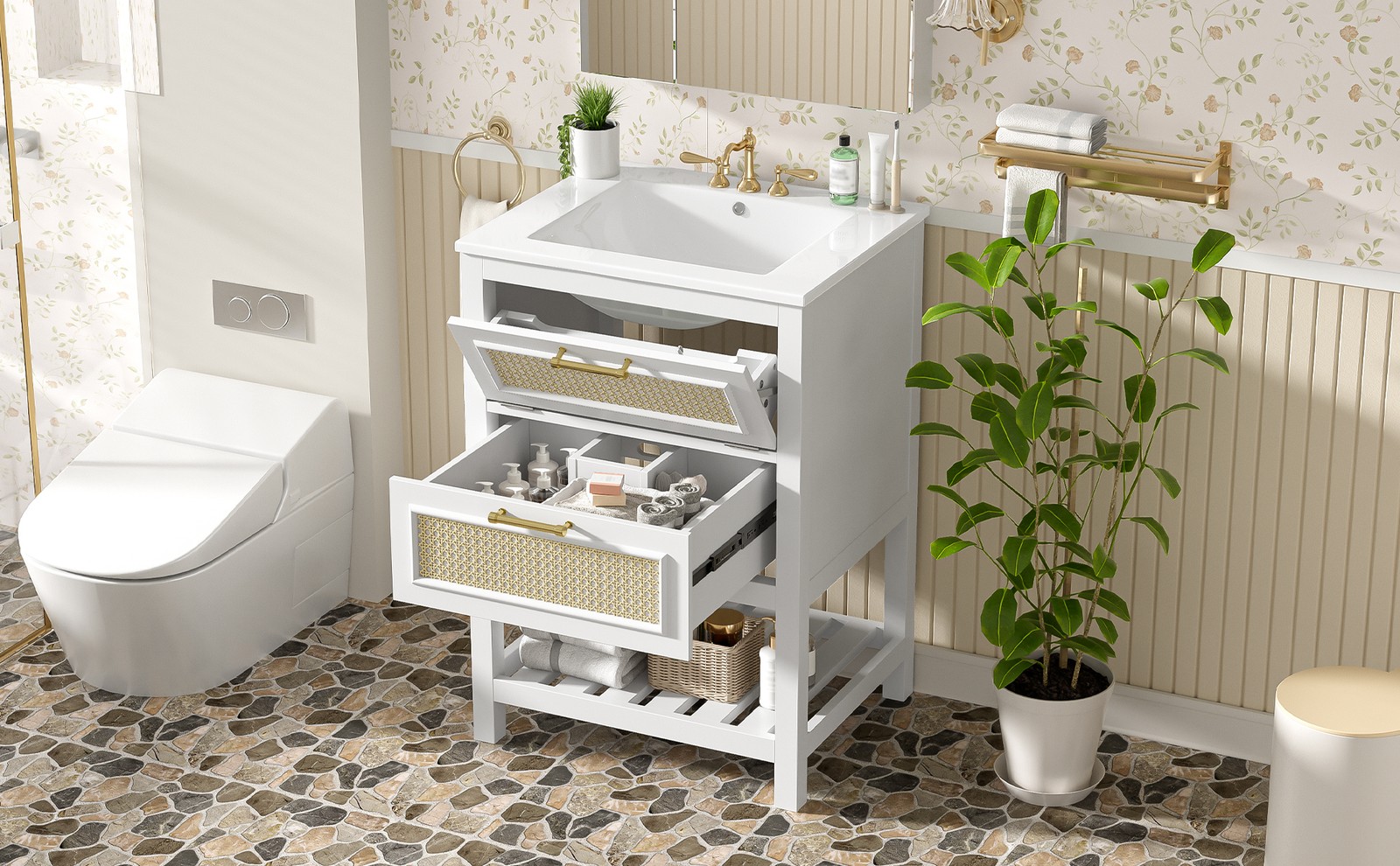 24″ White Bathroom Vanity with Ceramic Sink and 2 Drawers