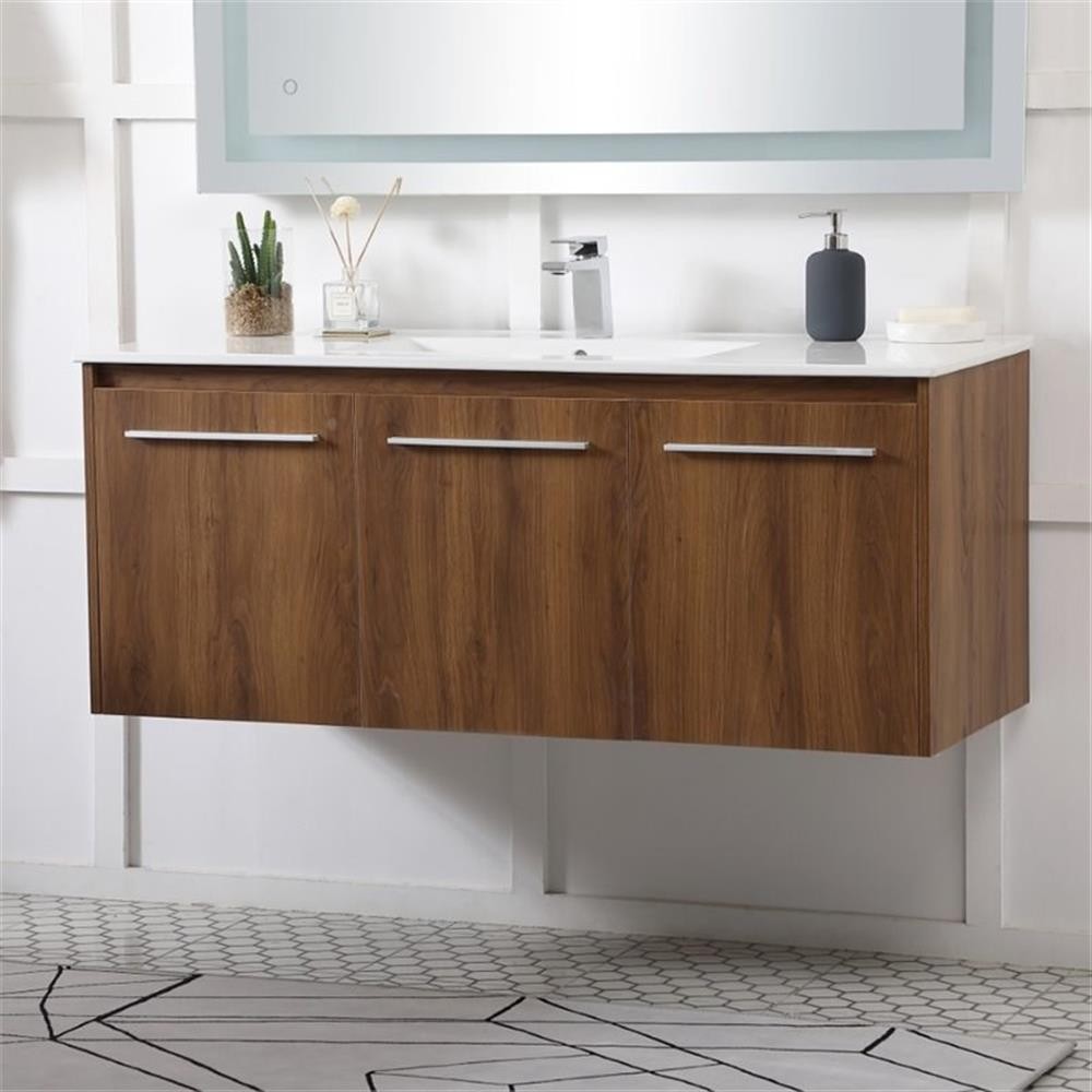 Pemberly Row 48″ Single Porcelain Top Floating Bathroom Vanity in Walnut