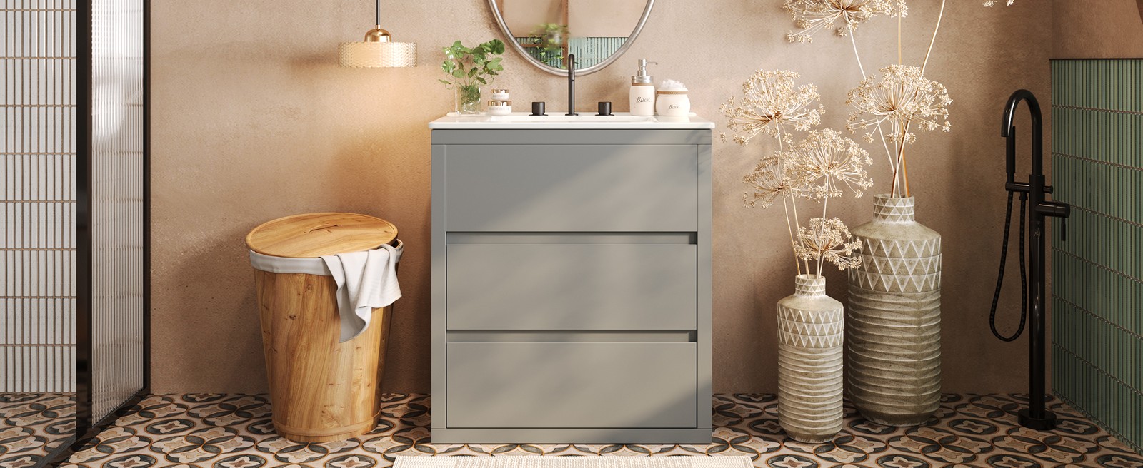 30″ Bathroom Vanity with Ceramic Sink & 2 Drawers, Gray