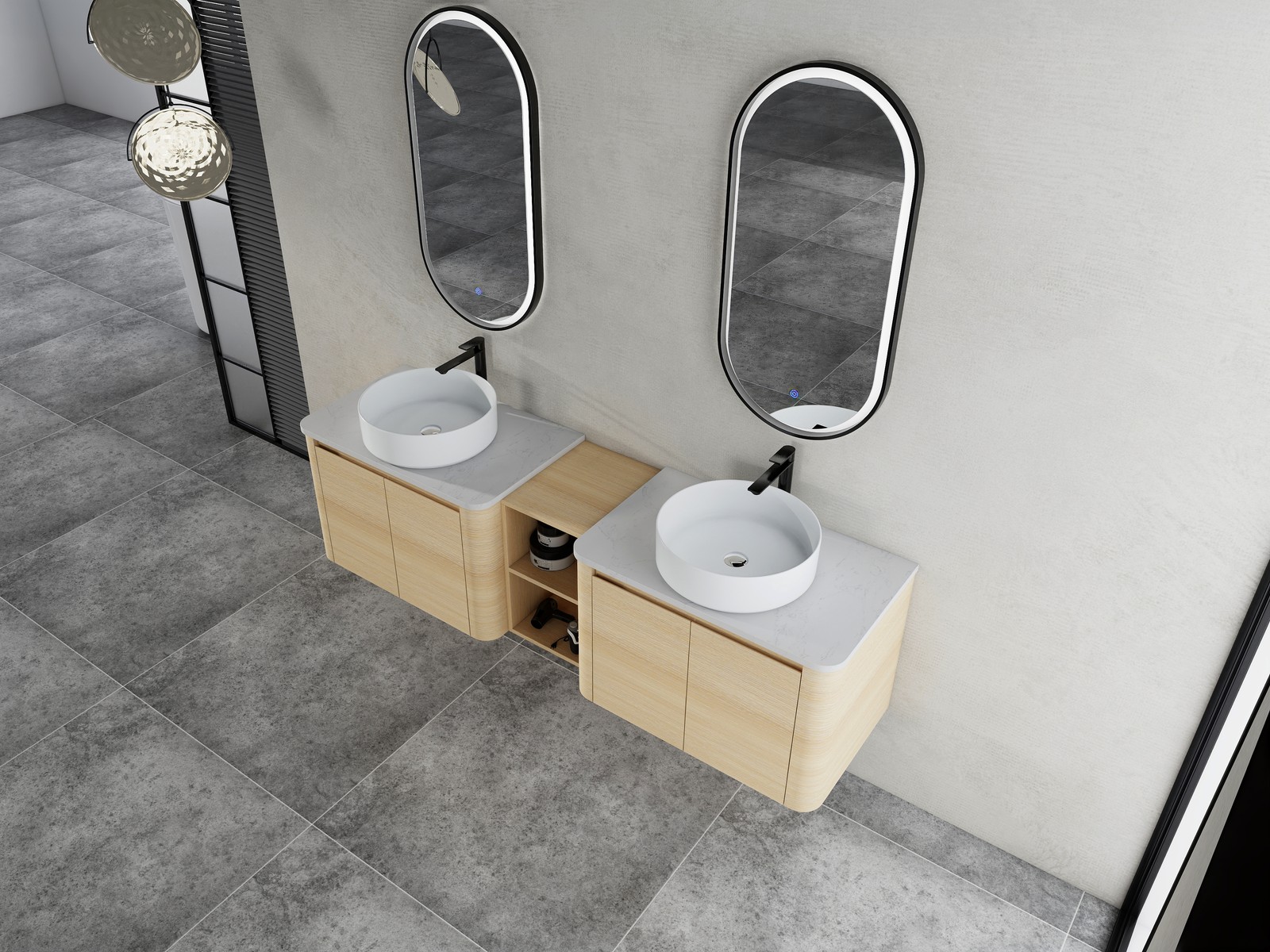 72″ Floating Bathroom Vanity W/ 2 White Ceramic Sink Stone Slab Top+Open Shelves