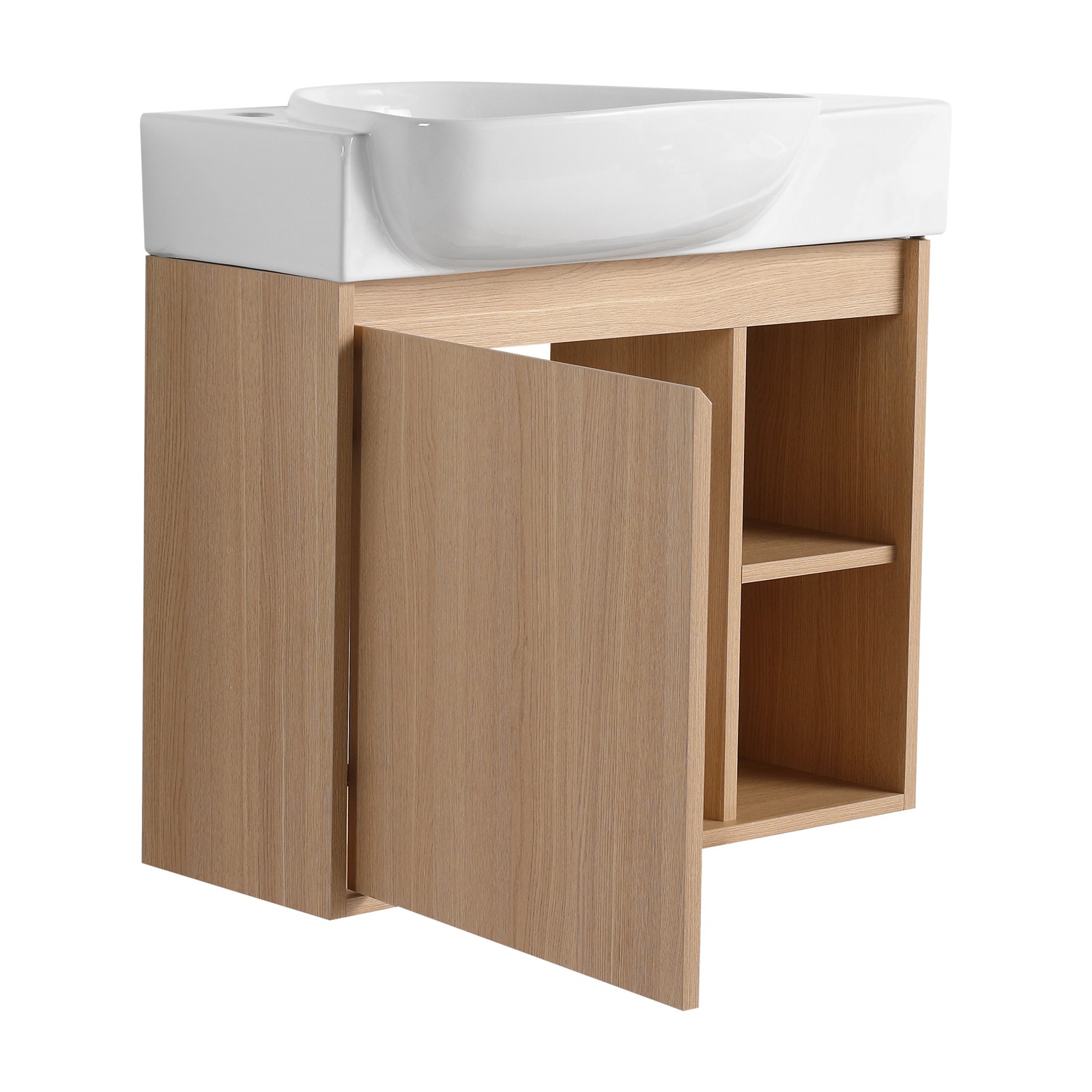 26in Plywood Wall-Mounted Bathroom Vanity W/ Ceramic Sink Basin Door Shelf Oak