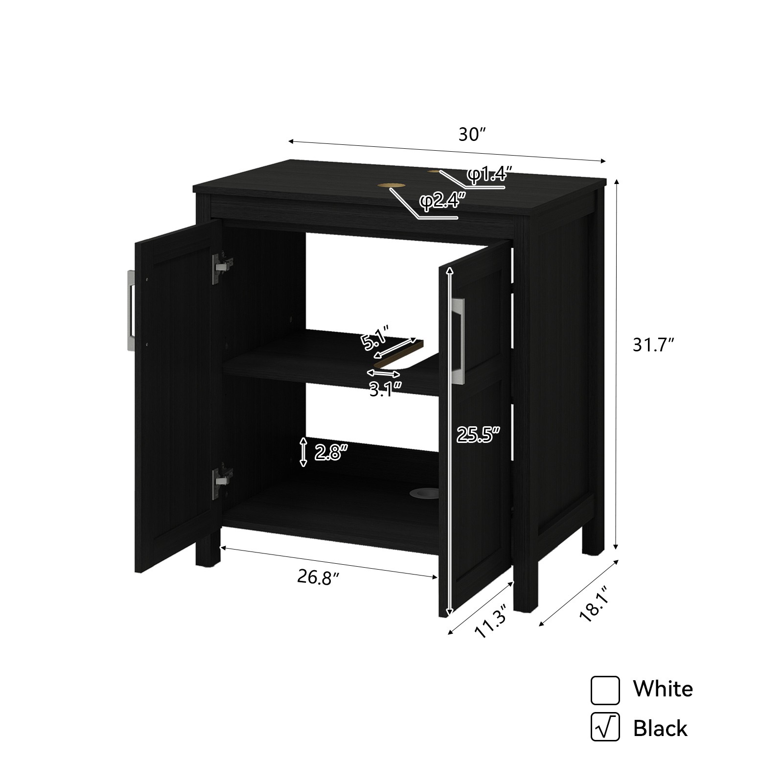 30 Inch Bathroom Black Vanity with Vessel Sink Storage Cabinet Pop Up Drain Set