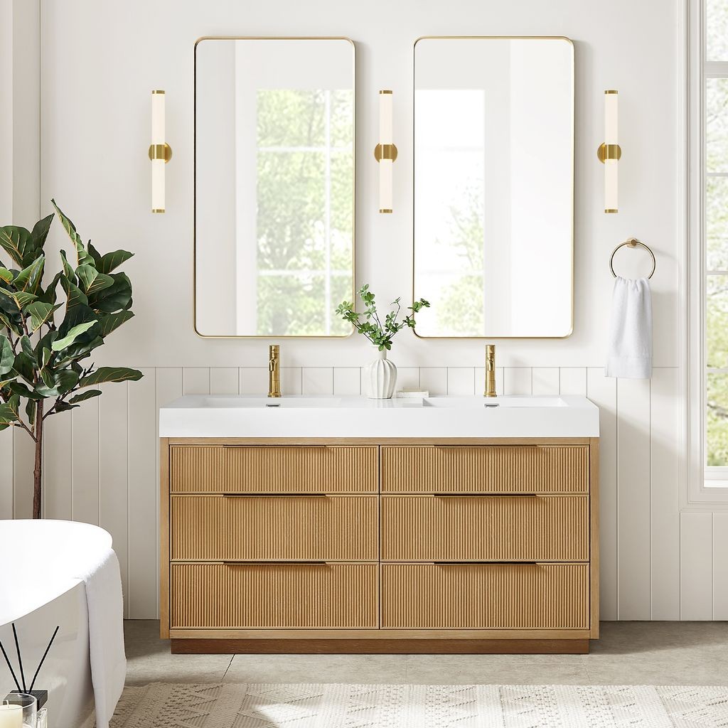 Hohhot 60″ Double Bath Vanity in Washed Ash Grey with White Stone Top
